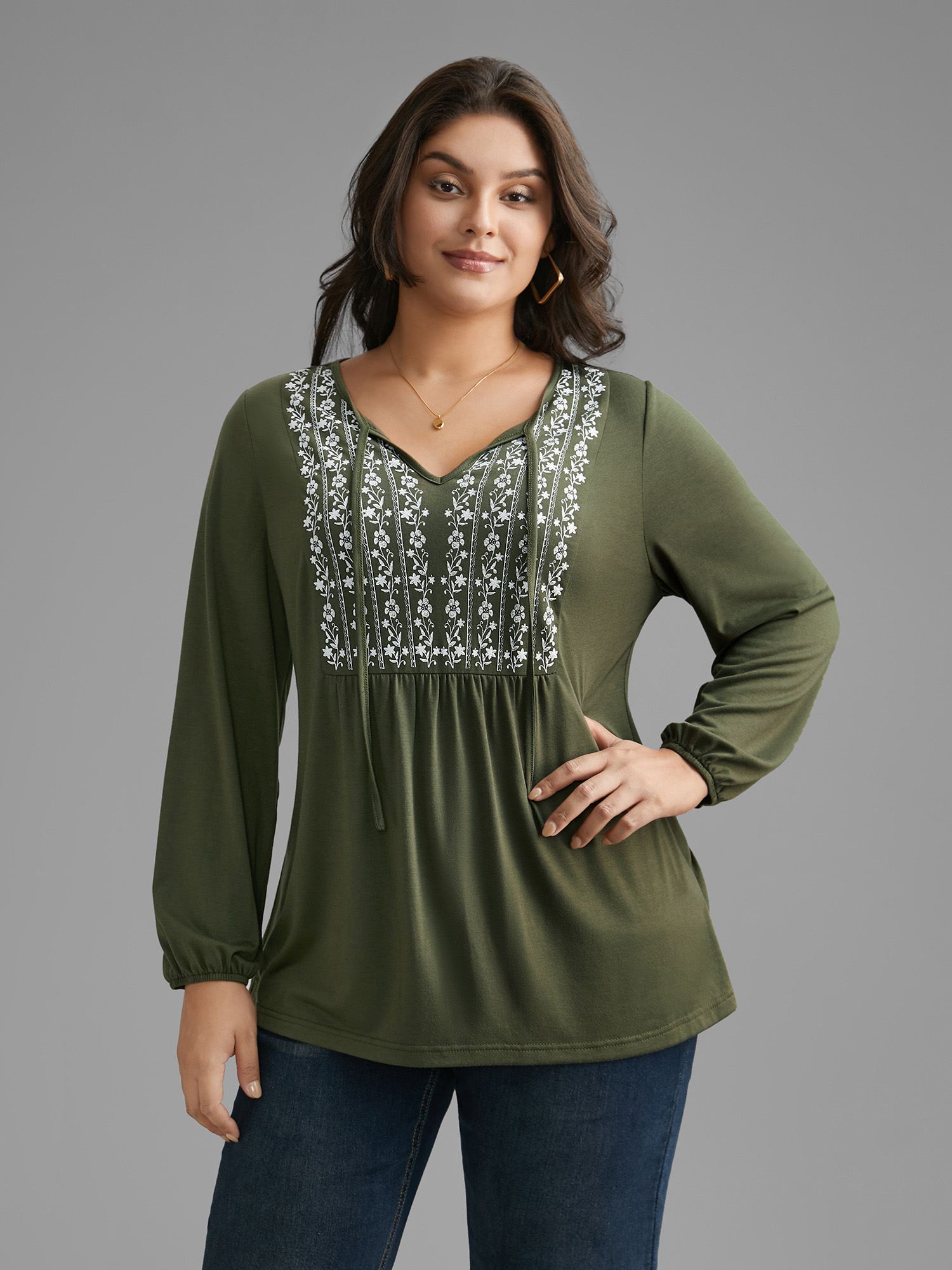 

Plus Size Floral Embroidered Tie Knot Gathered Jersey Top ArmyGreen Notched collar Long Sleeve Elegant Jersey Tops