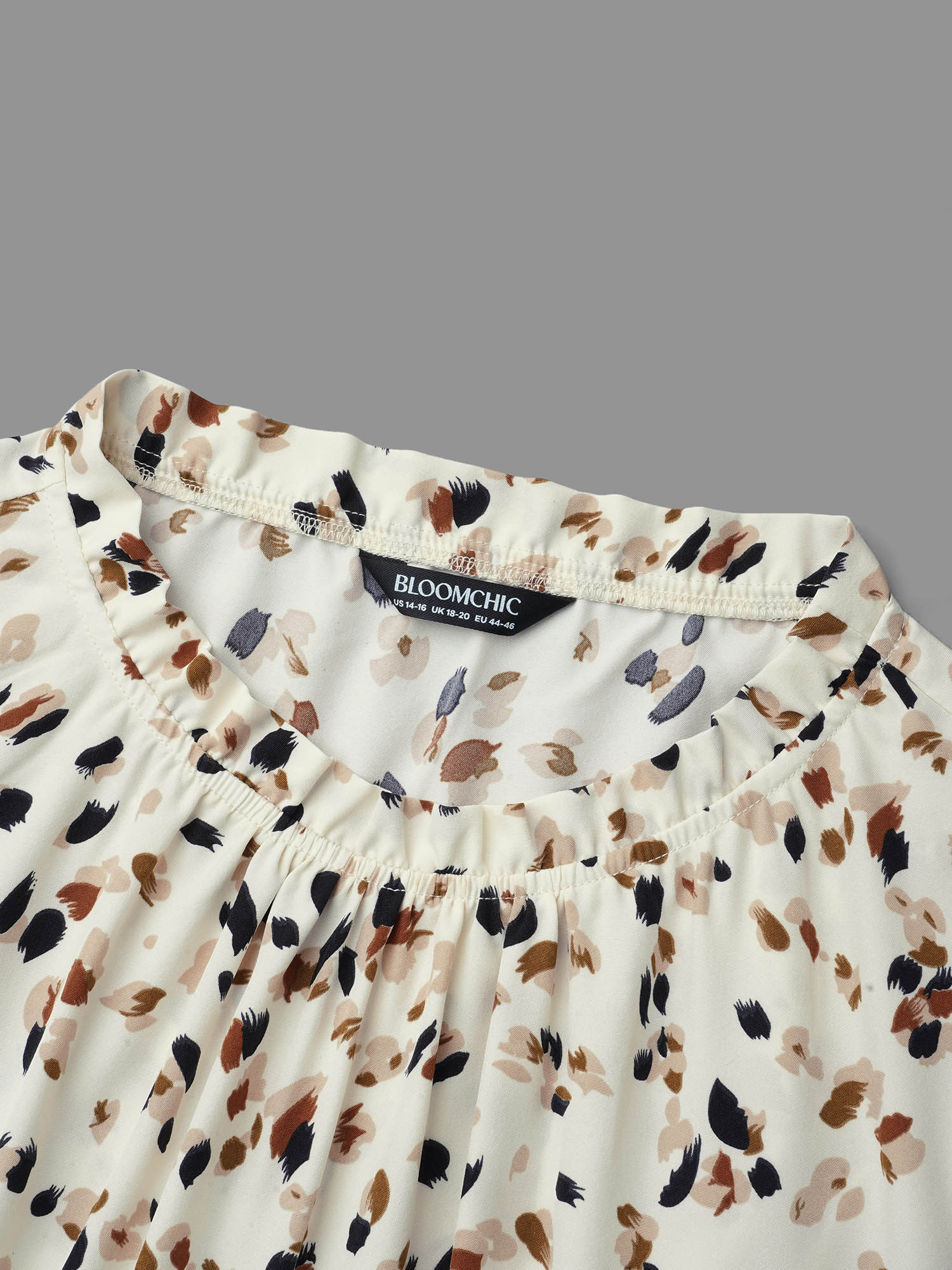 Plus Size Beige Color Leopard Print Frill Trim Blouse Women Elegant Long Sleeve Round Neck Everyday Blouses BloomChic 10/M 