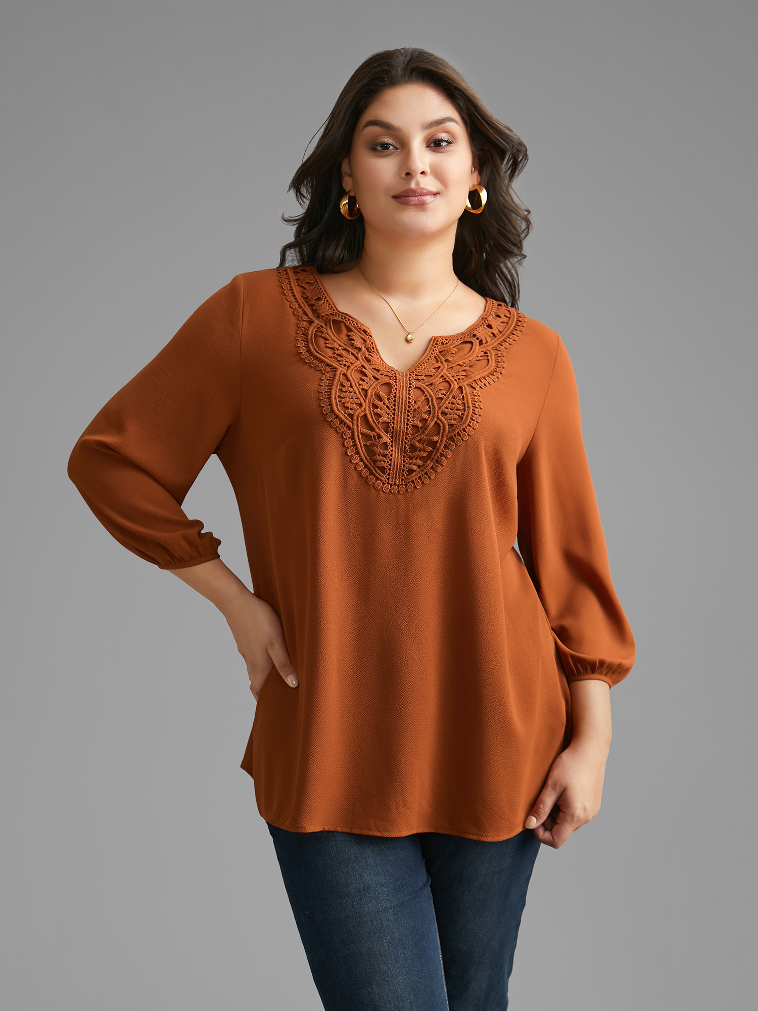 

Plus Size Rust Notched Lace Trim Gathered Blouse Women Elegant Extra Long Sleeve Flat collar with V-notch Everyday Blouses BloomChic