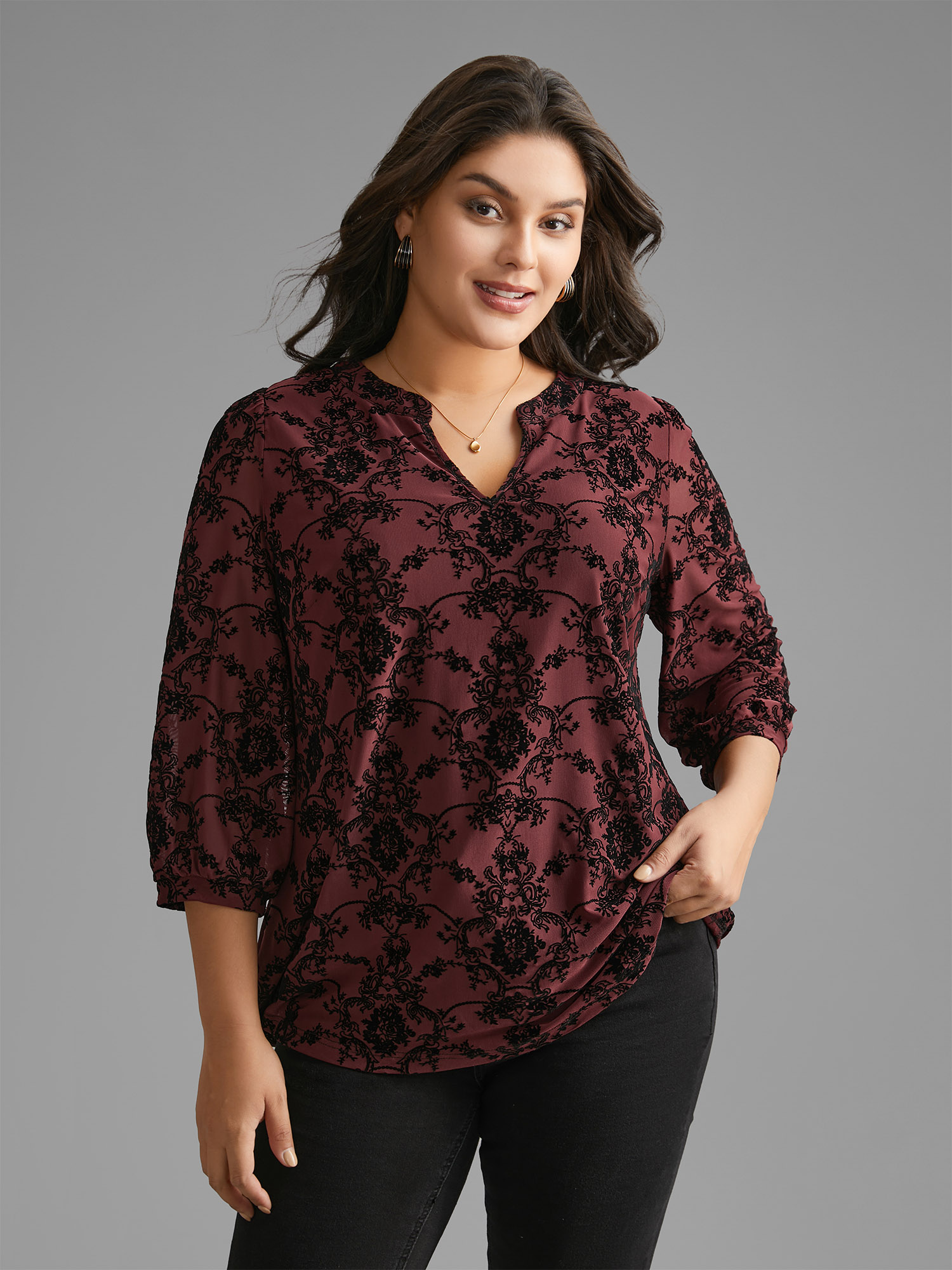 

Plus Size Burgundy Boho Print Flocking Mesh Blouse Women Elegant Elbow-length sleeve Flat collar with V-notch Everyday Blouses BloomChic