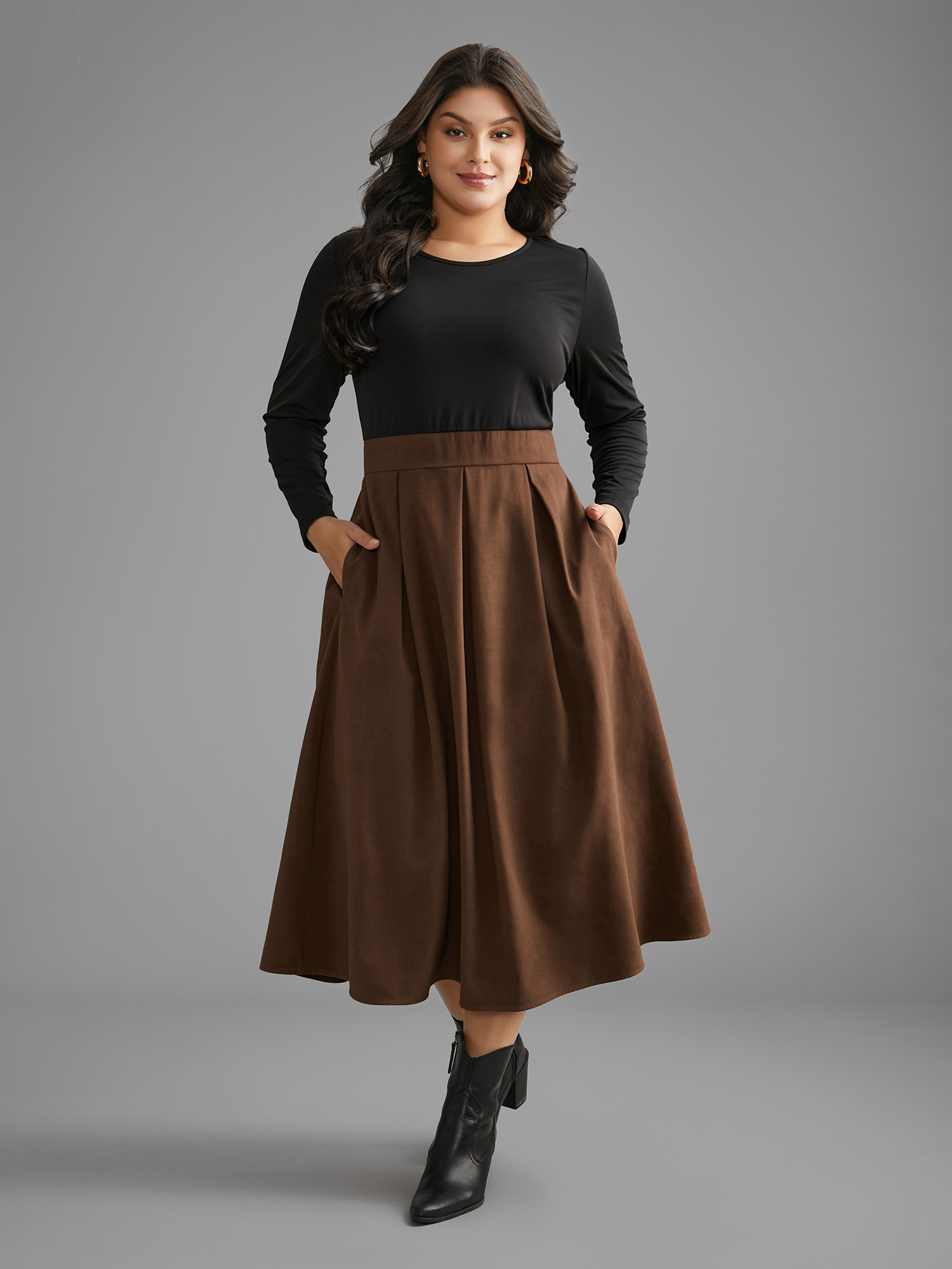 

Plus Size Crew Neck Contrast Shirred Pleated Dress Browncoffeecolor Women Casual Contrast Round Neck Long Sleeve Curvy BloomChic