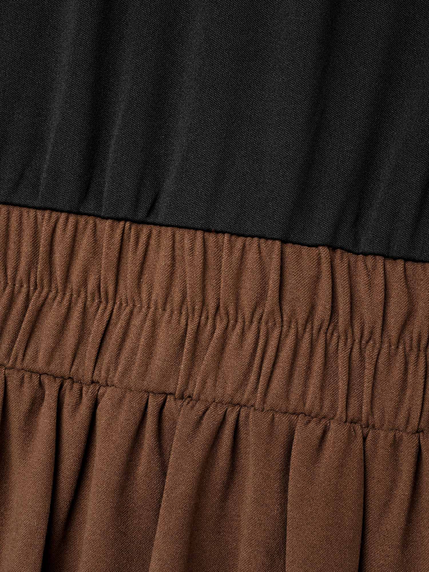 Plus Size Crew Neck Contrast Shirred Pleated Dress Browncoffeecolor Women Casual Contrast Round Neck Long Sleeve Curvy BloomChic 18-20/2X 