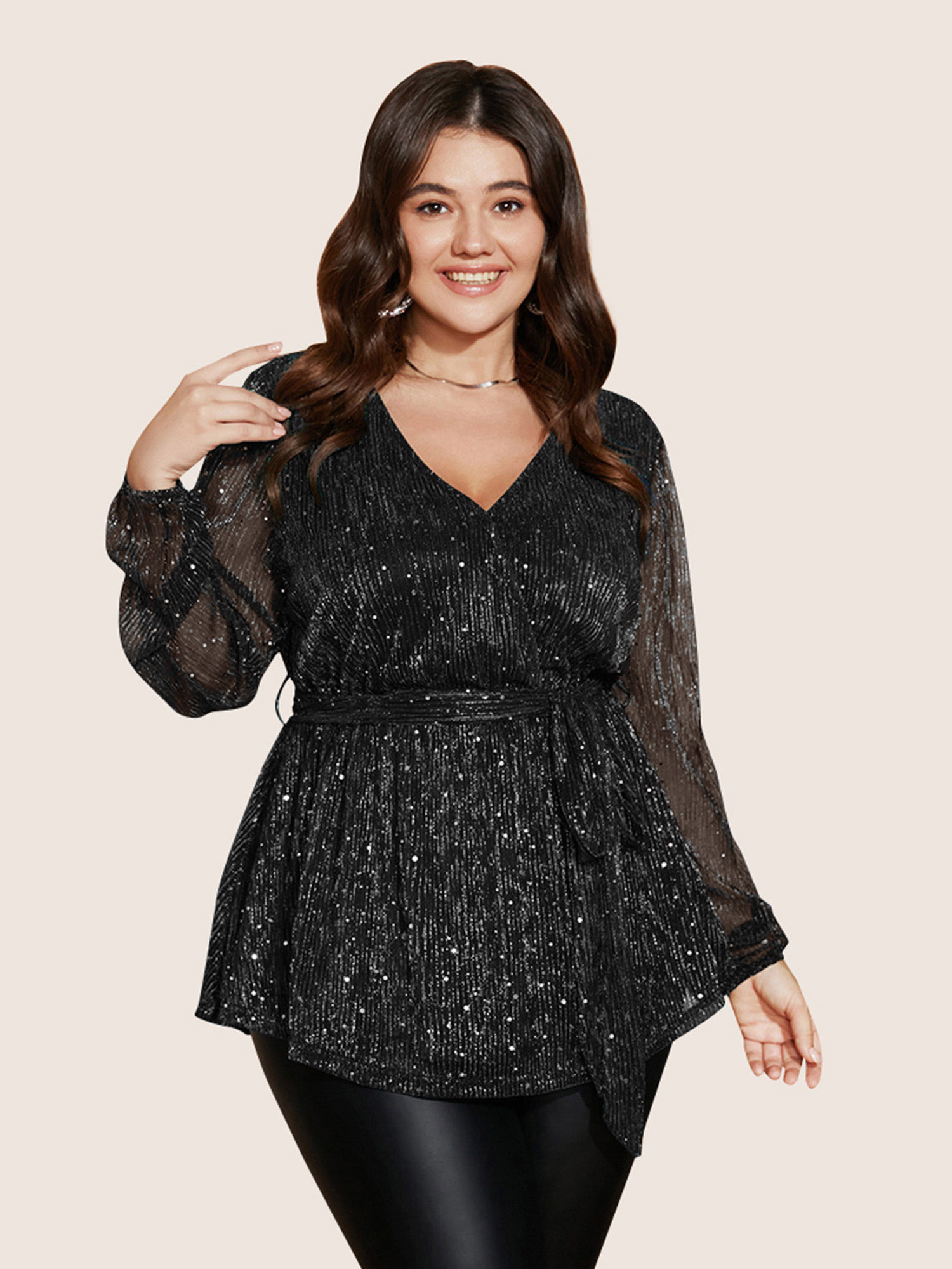 Plus Size Black Sequin Mesh Lantern Sleeve Wrap Belted Striped Blouse Women Cocktail Long Sleeve Overlap Collar Party Blouses BloomChic 14-16/1X 