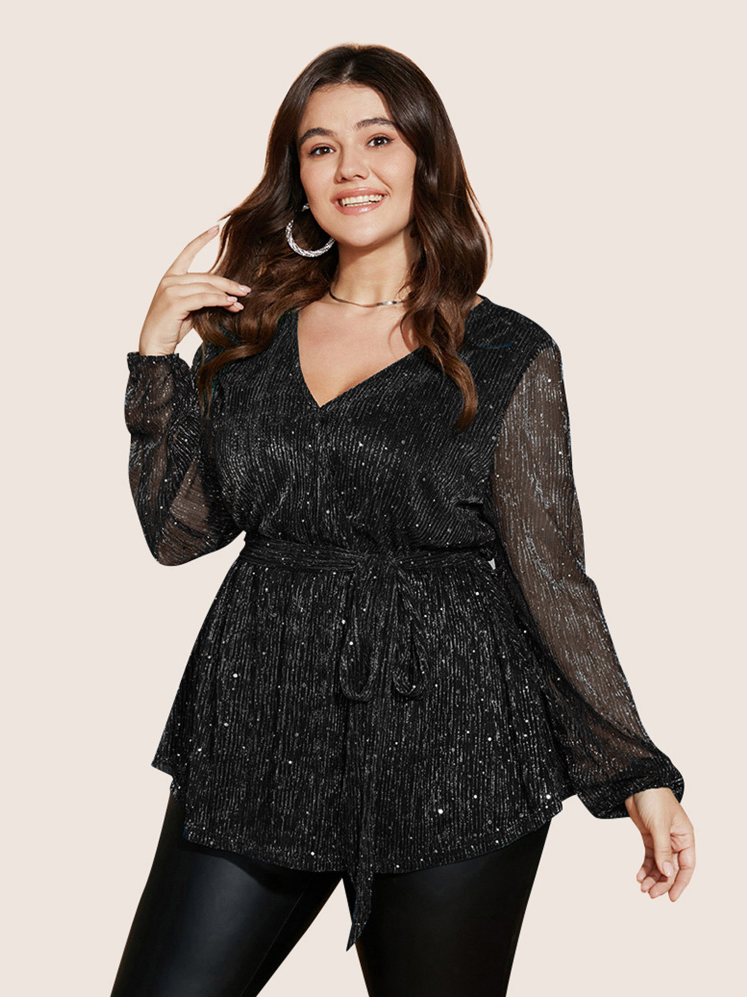 

Plus Size Black Sequin Mesh Lantern Sleeve Wrap Belted Striped Blouse Women Cocktail Long Sleeve Overlap Collar Party Blouses BloomChic