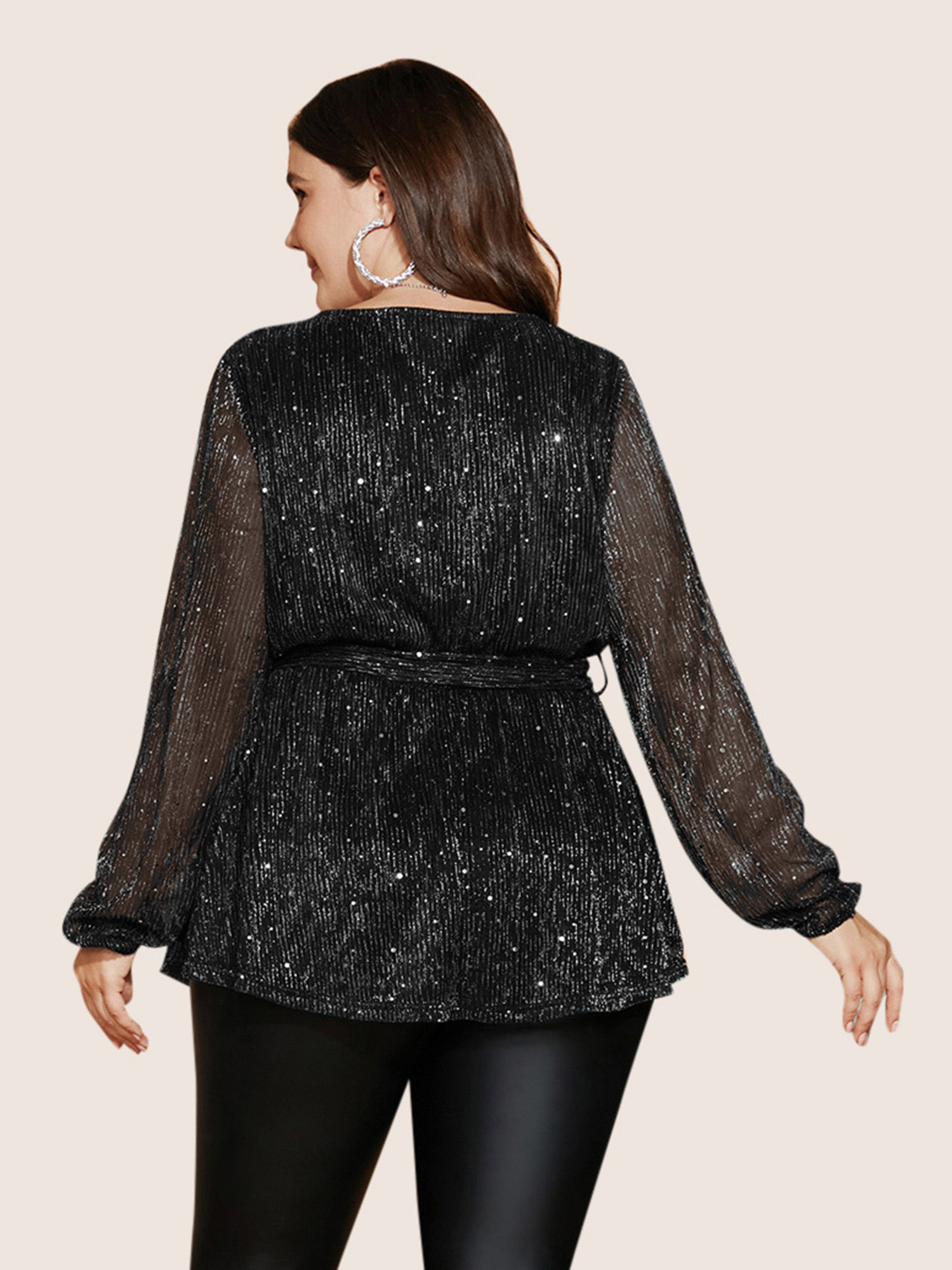 Plus Size Black Sequin Mesh Lantern Sleeve Wrap Belted Striped Blouse Women Cocktail Long Sleeve Overlap Collar Party Blouses BloomChic 14-16/1X 