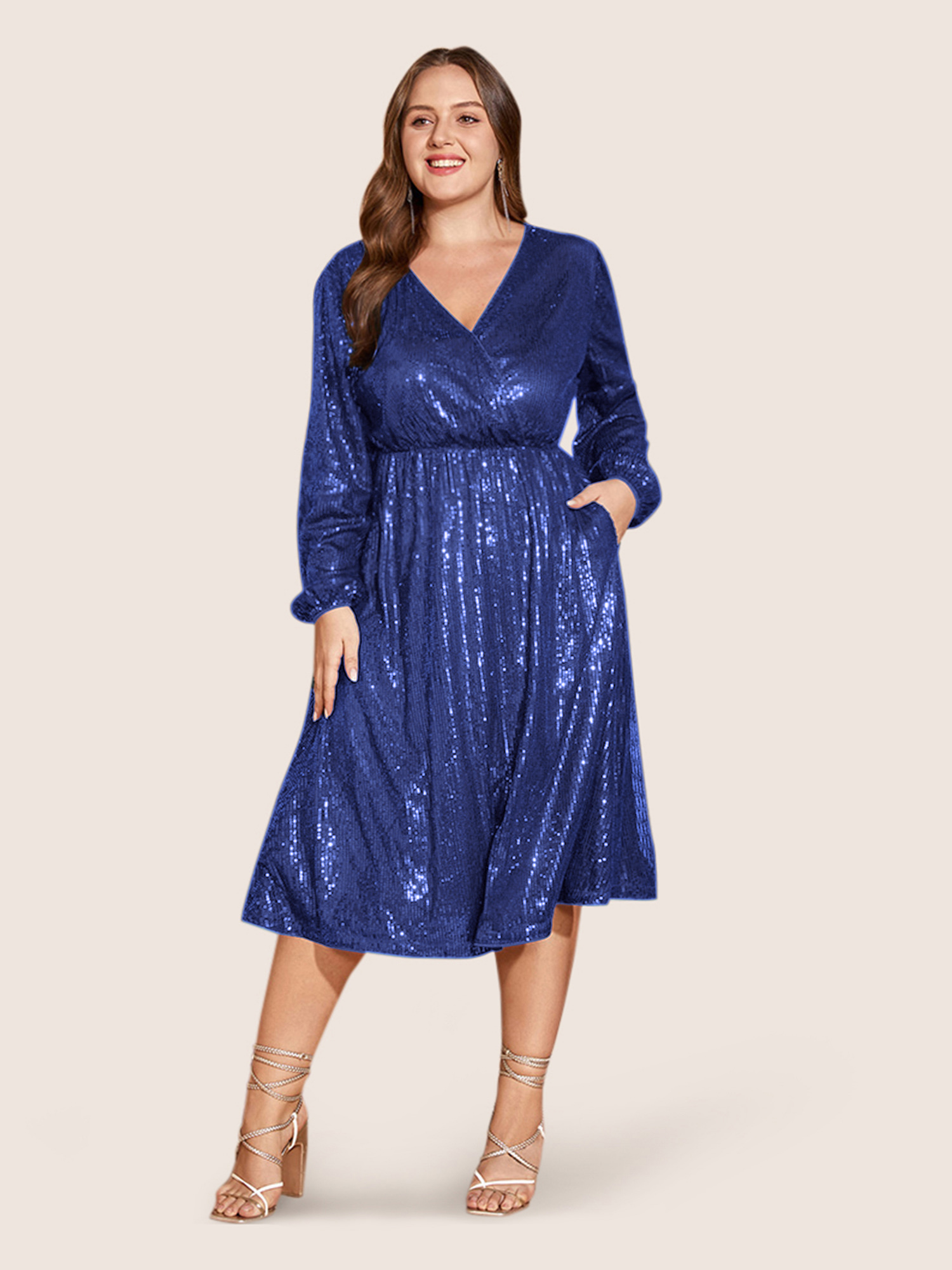 

Plus Size Solid Pocket Lantern Sleeve Wrap Sequin Dress Brightblue Women Party Pocket Overlap Collar Long Sleeve Curvy Midi Dress BloomChic