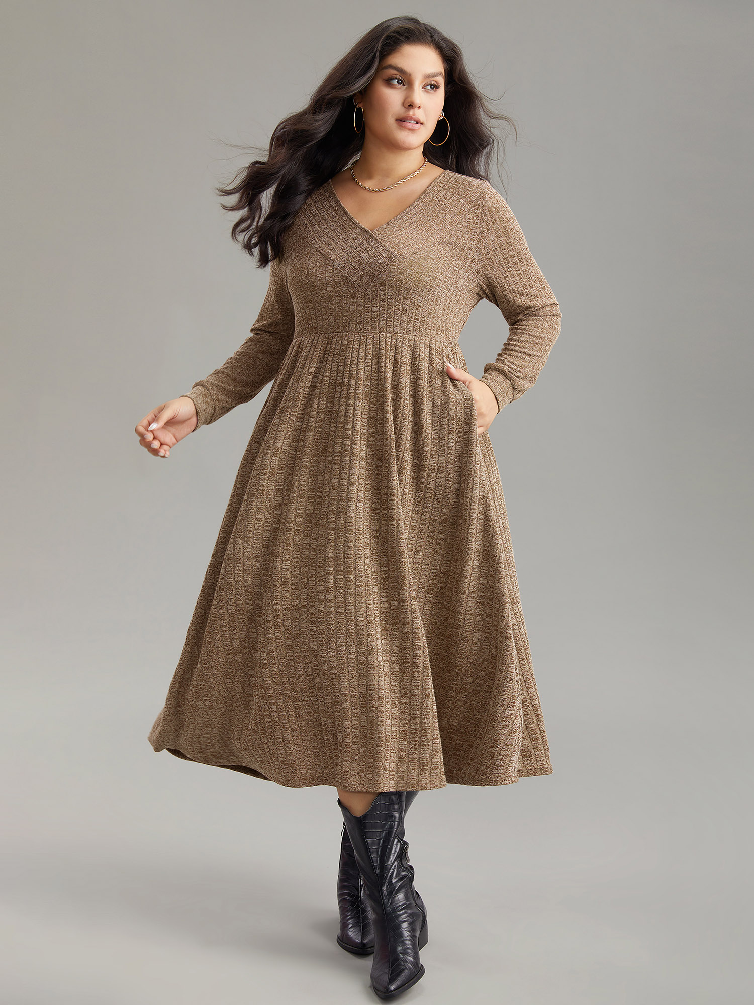 

Plus Size Rib Knit Plain Plisse Long Sleeve Dress Yellowishbrown Women Casual Rib Knit V-neck Long Sleeve Curvy Midi Dress BloomChic