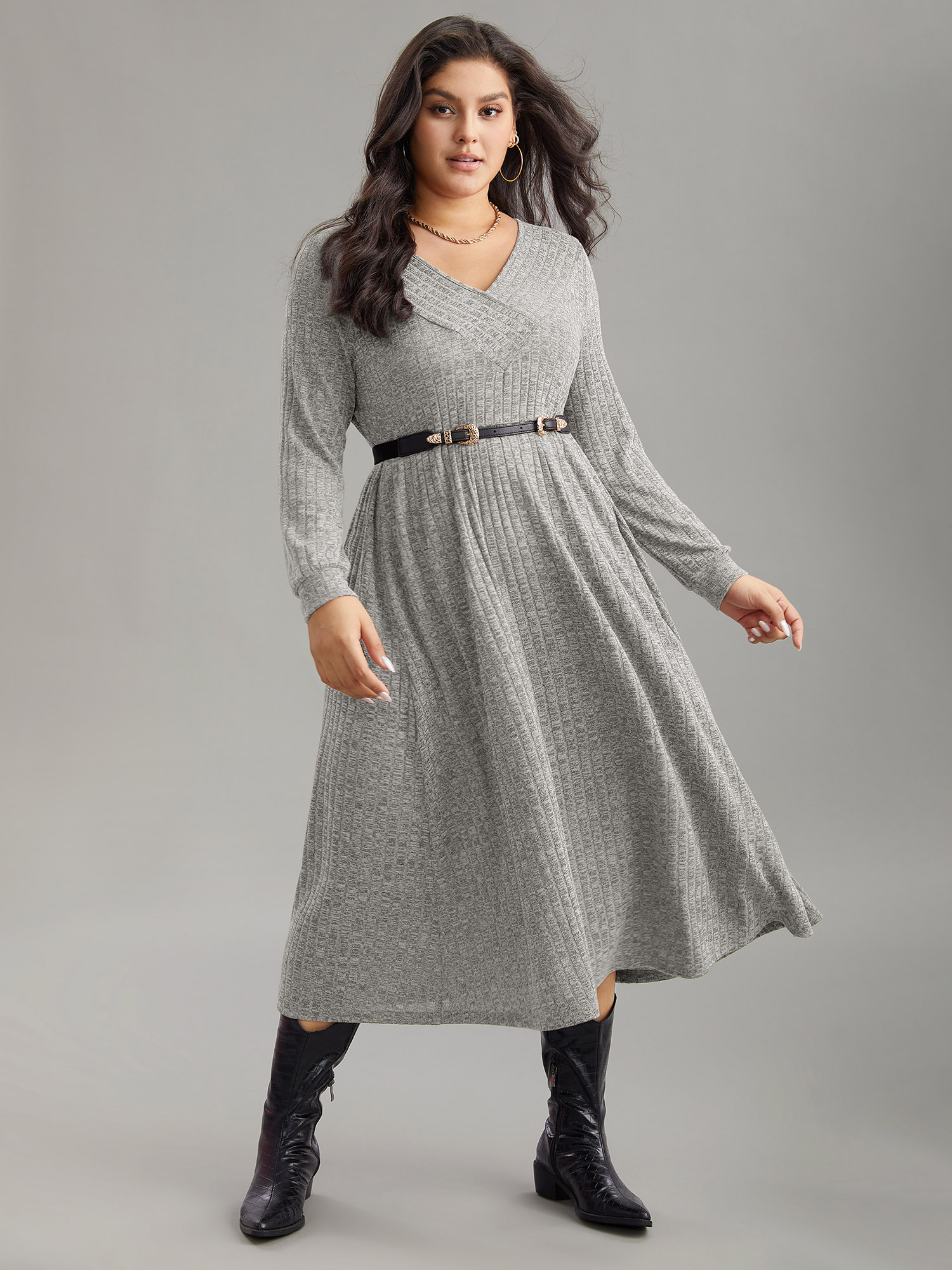 Plus Size Rib Knit Plain Plisse Long Sleeve Dress LightGray Women Casual Rib Knit V-neck Long Sleeve Curvy Midi Dress BloomChic 22-24/3X 
