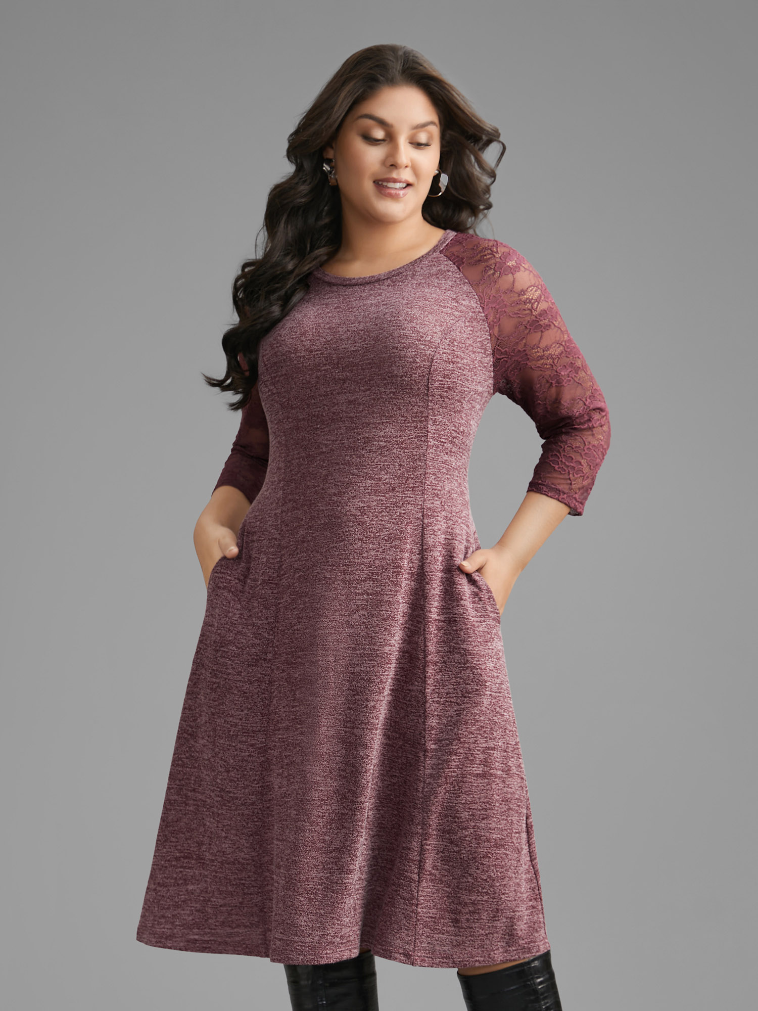 

Plus Size Heather Lace Patchwork Mesh Midi Dress Burgundy Women Elegant Woven ribbon&lace trim Round Neck Elbow-length sleeve Curvy BloomChic