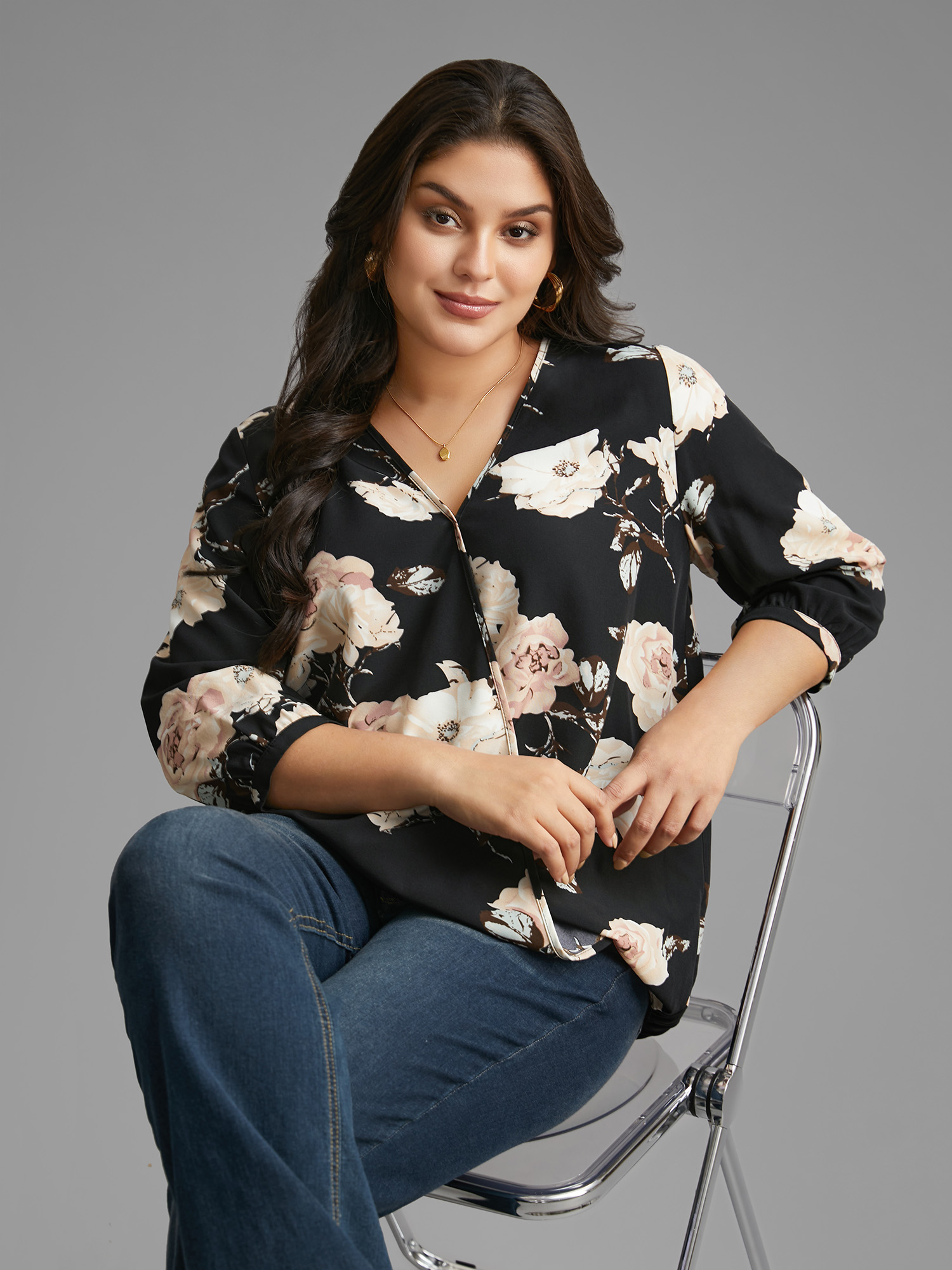 

Plus Size Black Overlap Collar Floral Print Blouse Women Elegant Elbow-length sleeve Overlap Collar Everyday Blouses BloomChic