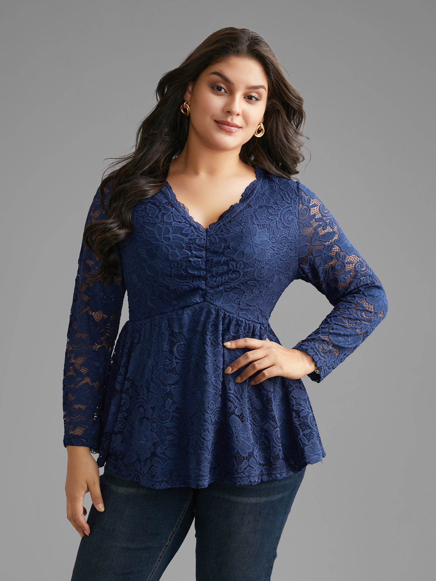 

Plus Size Crochet Lace Mesh Ruched Jersey Top Indigo V-neck Extra Long Sleeve Elegant Jersey Tops