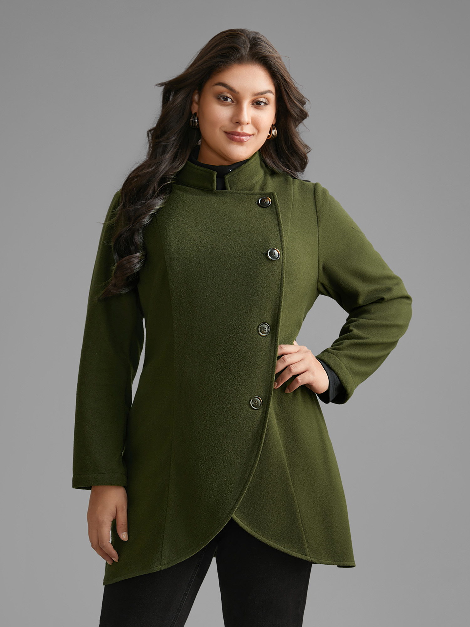 

Plus Size Solid Wrap Button Up Asymmetrical Hem Coat Women ArmyGreen Elegant Button Ladies Everyday Winter Coats BloomChic