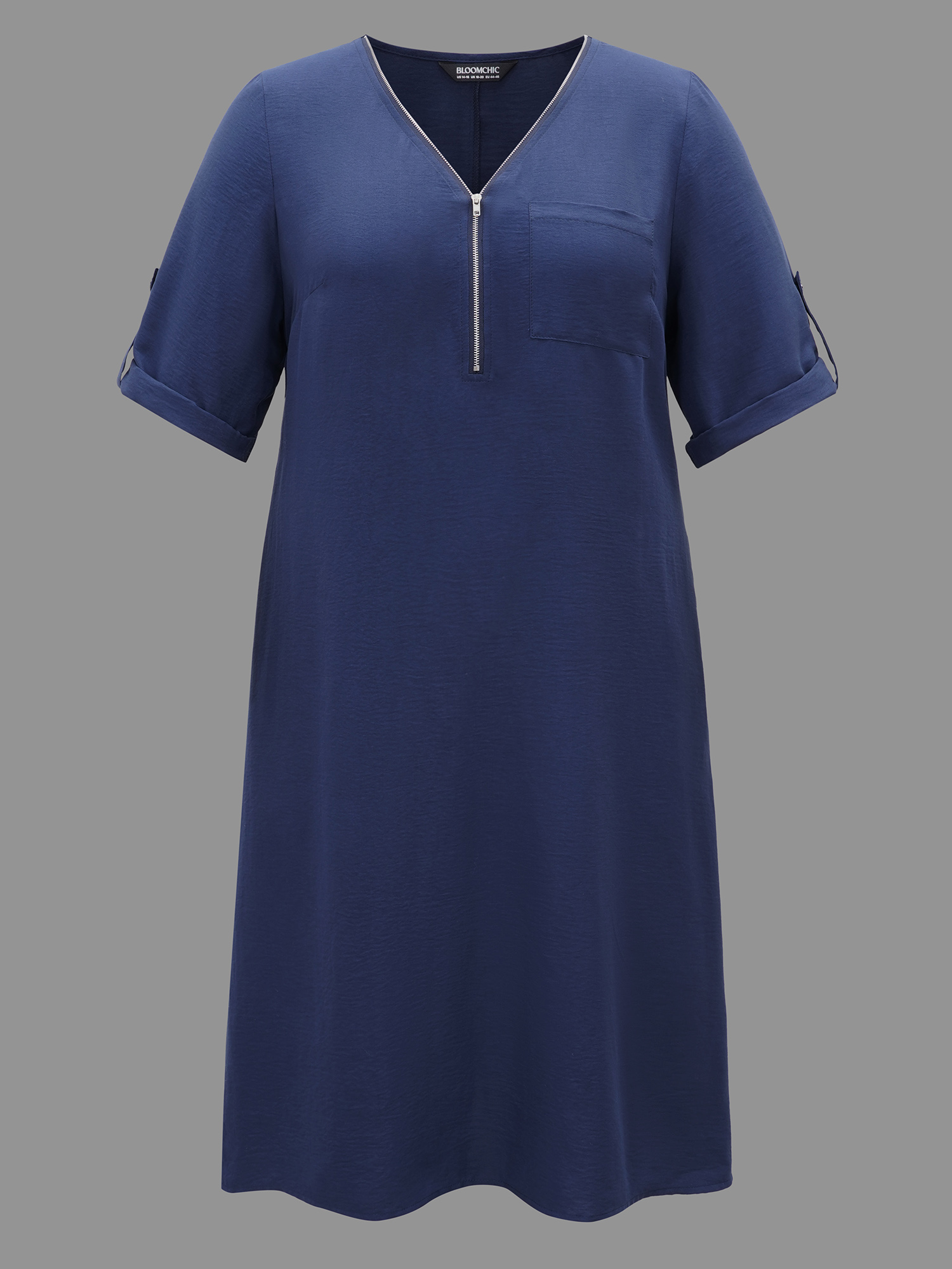 

Plus Size Solid Half Zip Tab Sleeve Dress Navy Women At the Office Non V-neck Elbow-length sleeve Curvy BloomChic