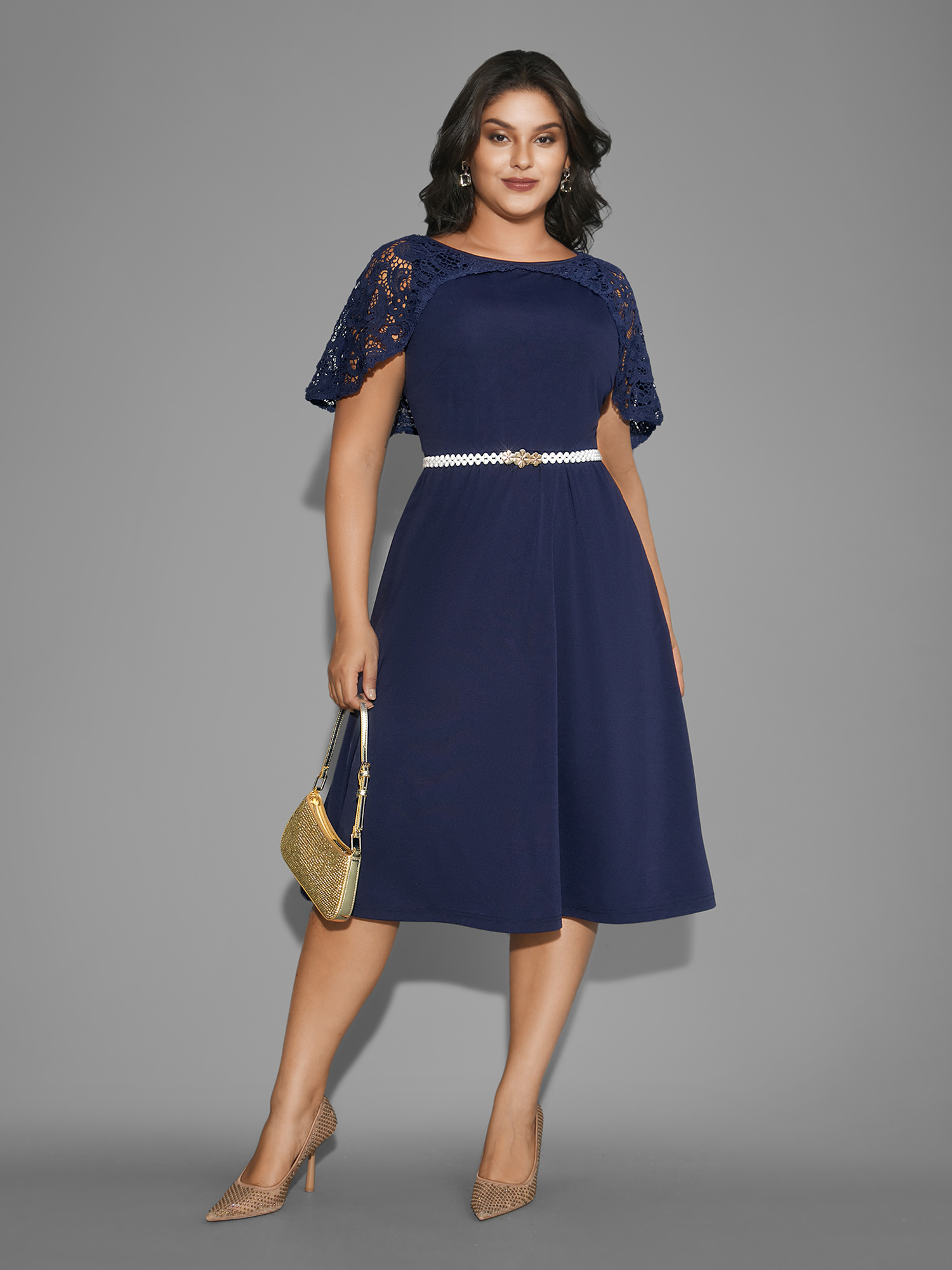 

Plus Size Tiered Lace Panel Elastic Waist Dress Navy Women Cocktail Woven ribbon&lace trim Party Curvy Bloomchic