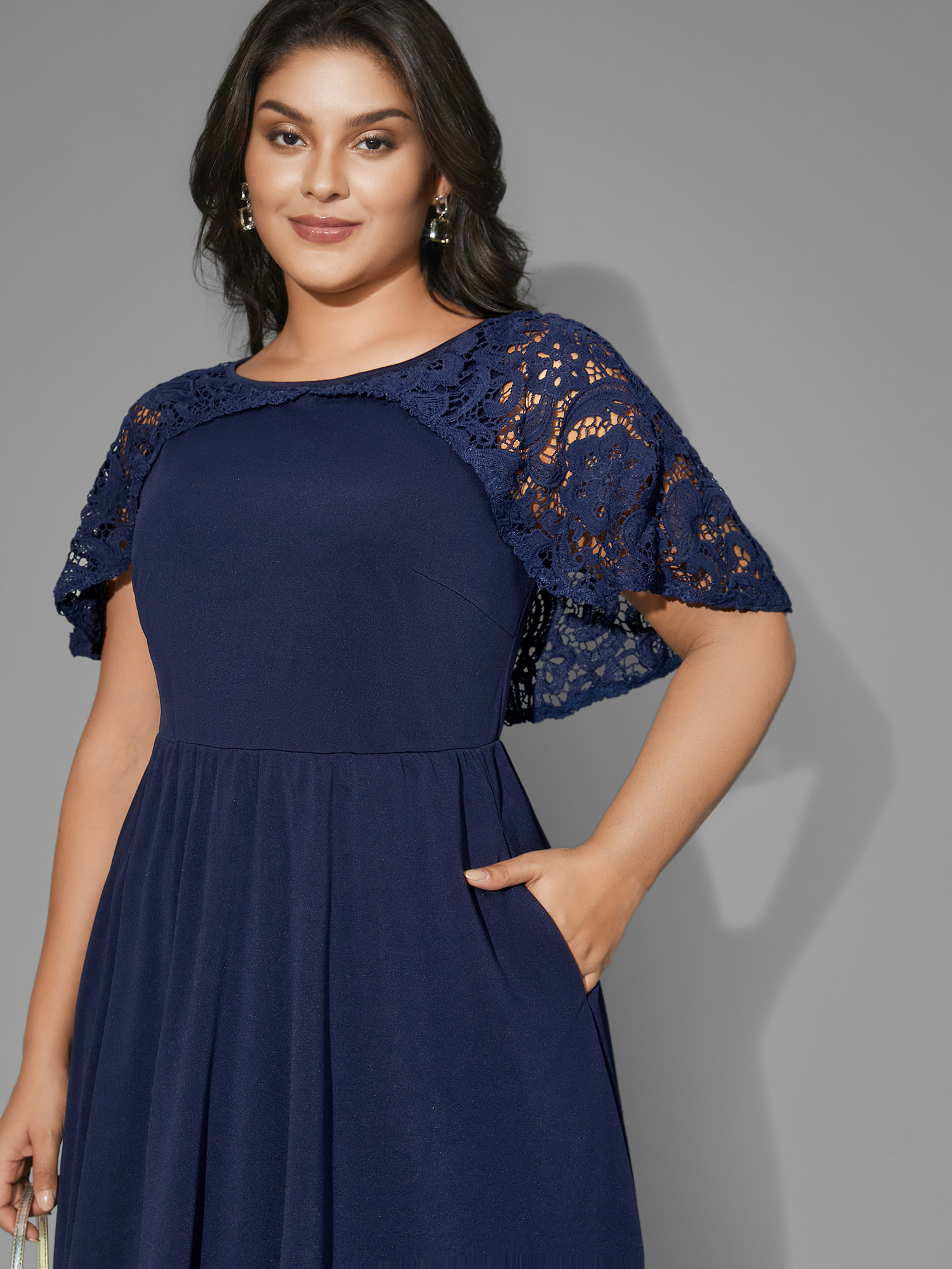 

Plus Size Tiered Lace Panel Elastic Waist Dress Navy Women Cocktail Woven ribbon&lace trim Party Curvy Bloomchic