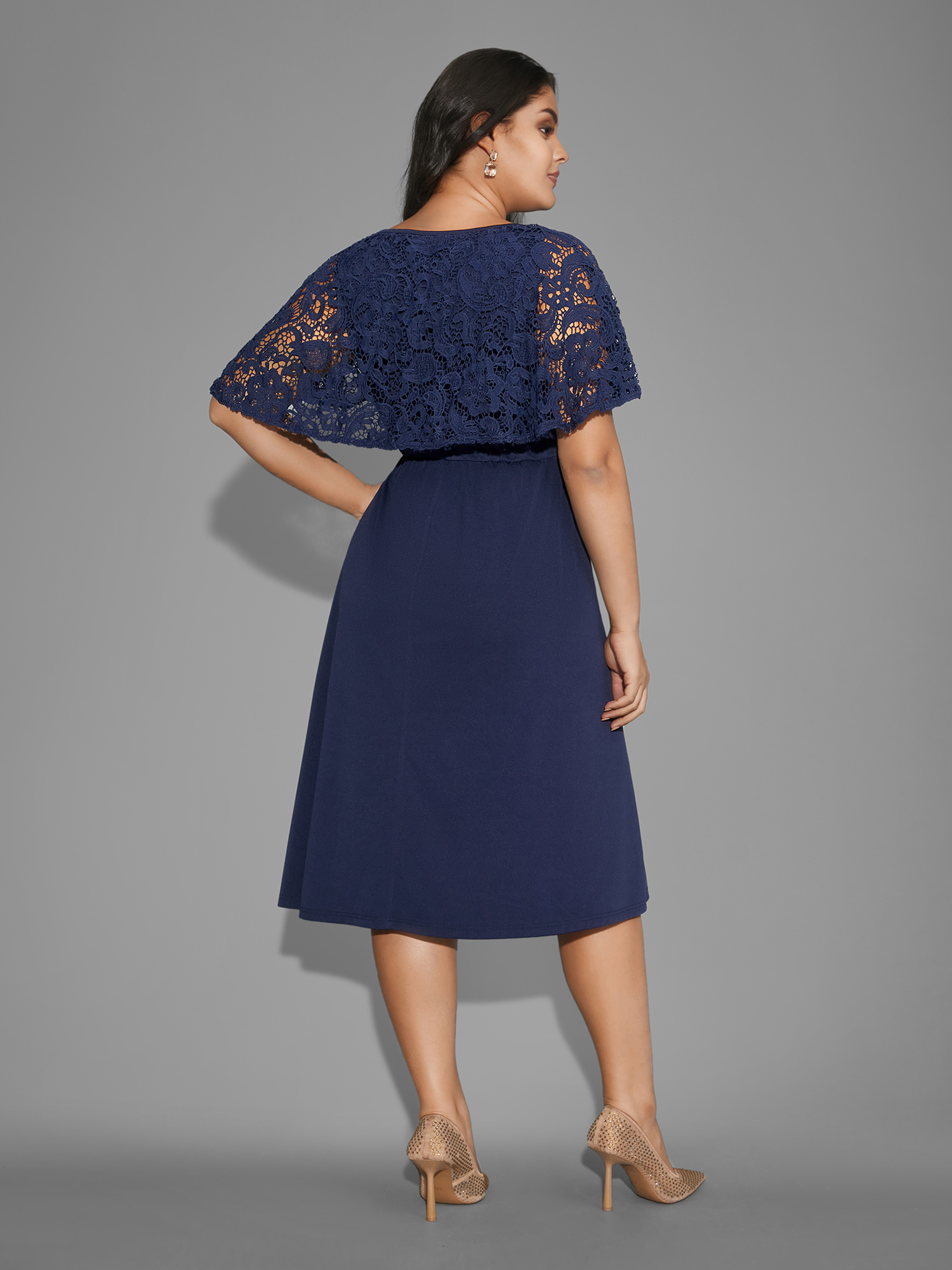 

Plus Size Tiered Lace Panel Elastic Waist Dress Navy Women Cocktail Woven ribbon&lace trim Party Curvy Bloomchic