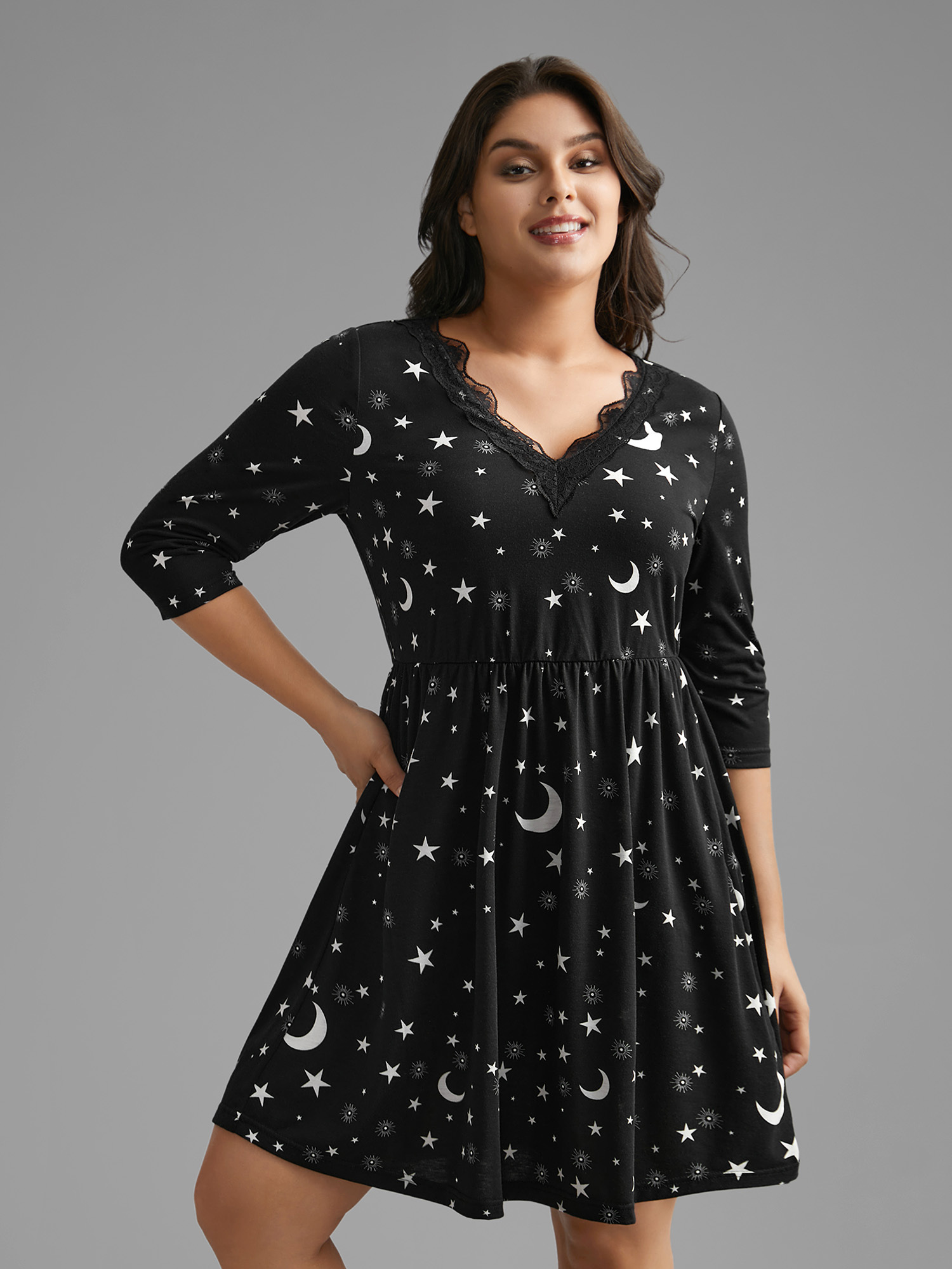 

Plus Size Moon & Star Print Lace Trim Sleep Dress Black Elbow-length sleeve V-neck Lounge Everyday  Bloomchic