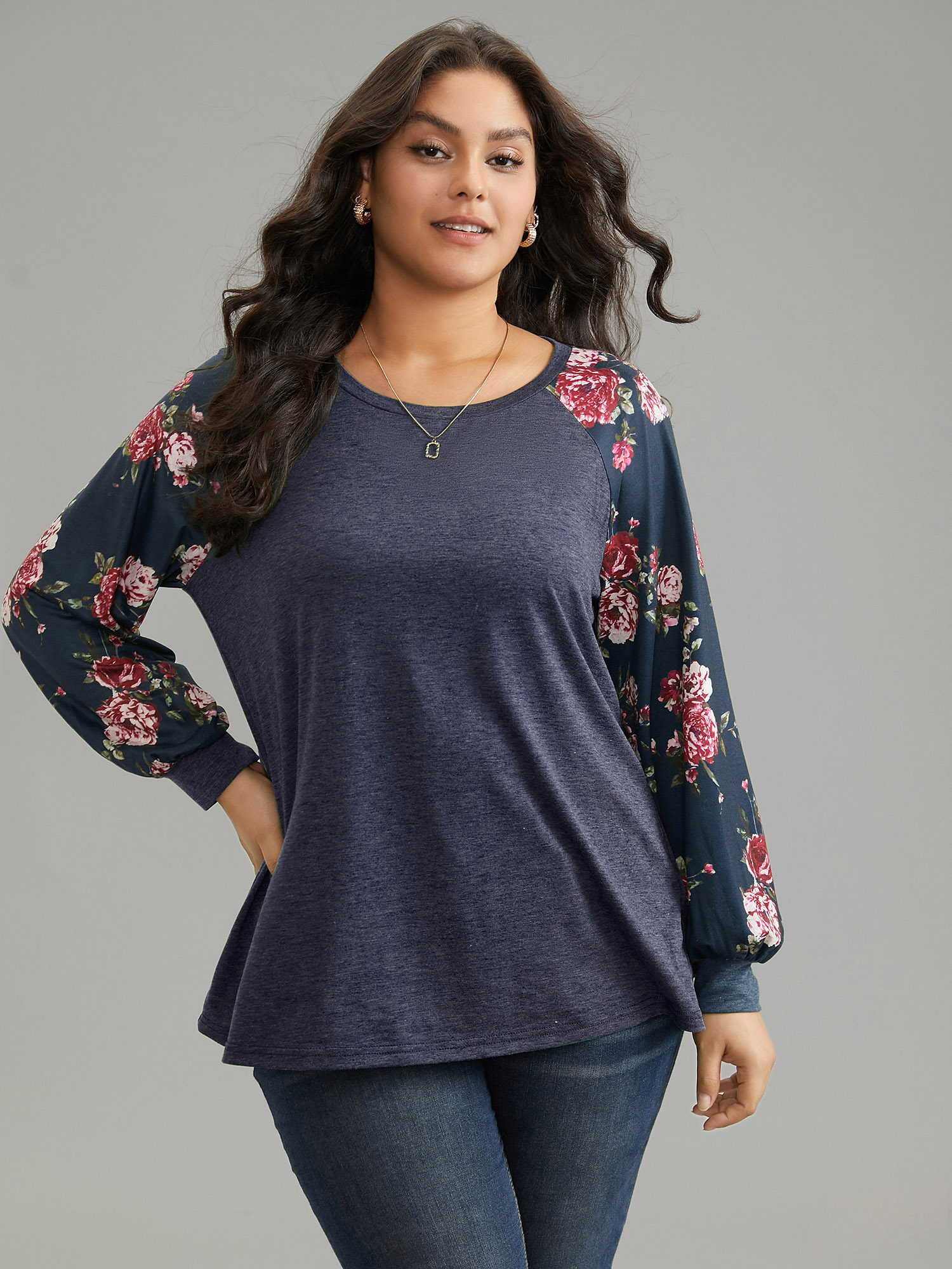 Plus Size Floral Patchwork Crew Neck Raglan Sleeve T-shirt DarkBlue Women Elegant Printed Floral Round Neck Dailywear T-shirts BloomChic 18-20/2X 