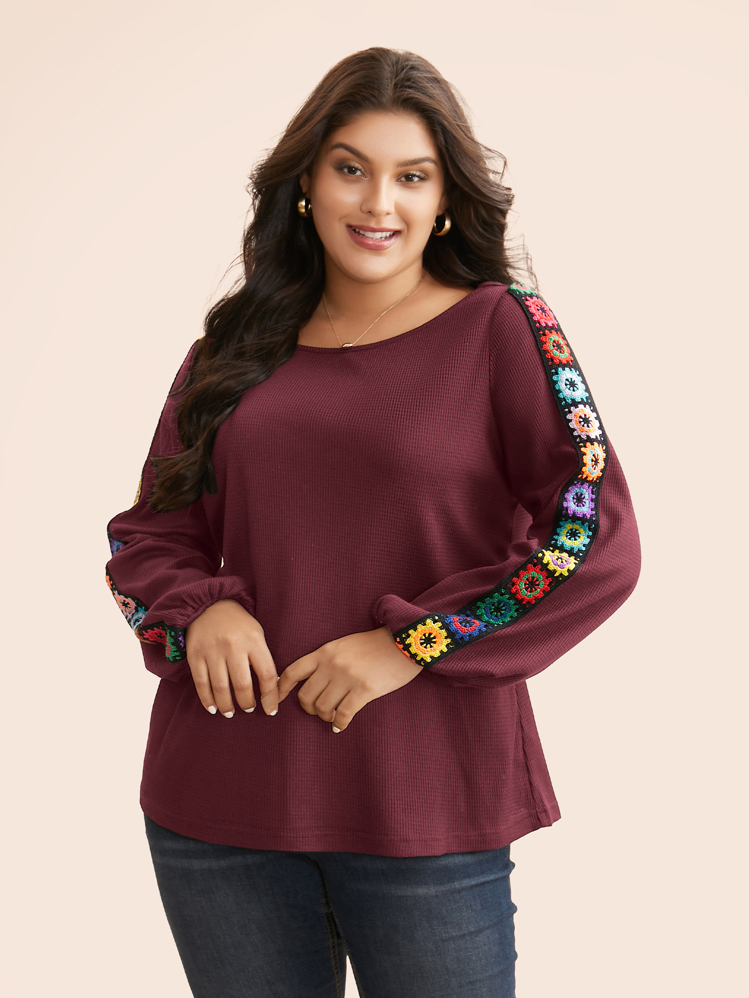 

Plus Size Crew Neck Patchwork Crochet Floral T-shirt Burgundy Women Casual Woven ribbon&lace trim Non Everyday T-shirts BloomChic