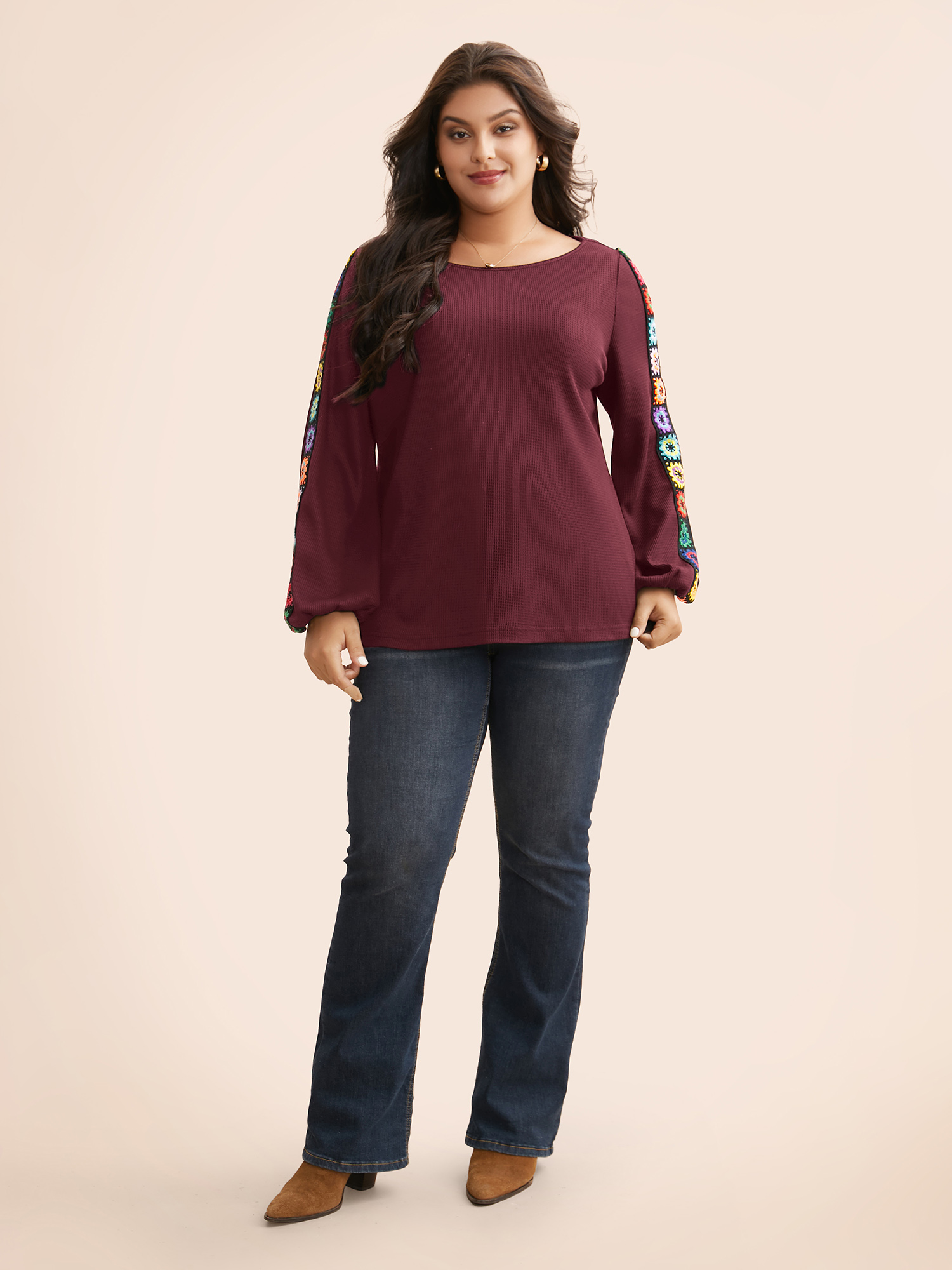 Plus Size Crew Neck Patchwork Crochet Floral T-shirt Burgundy Women Casual Woven ribbon&lace trim Non Everyday T-shirts BloomChic 12/L 
