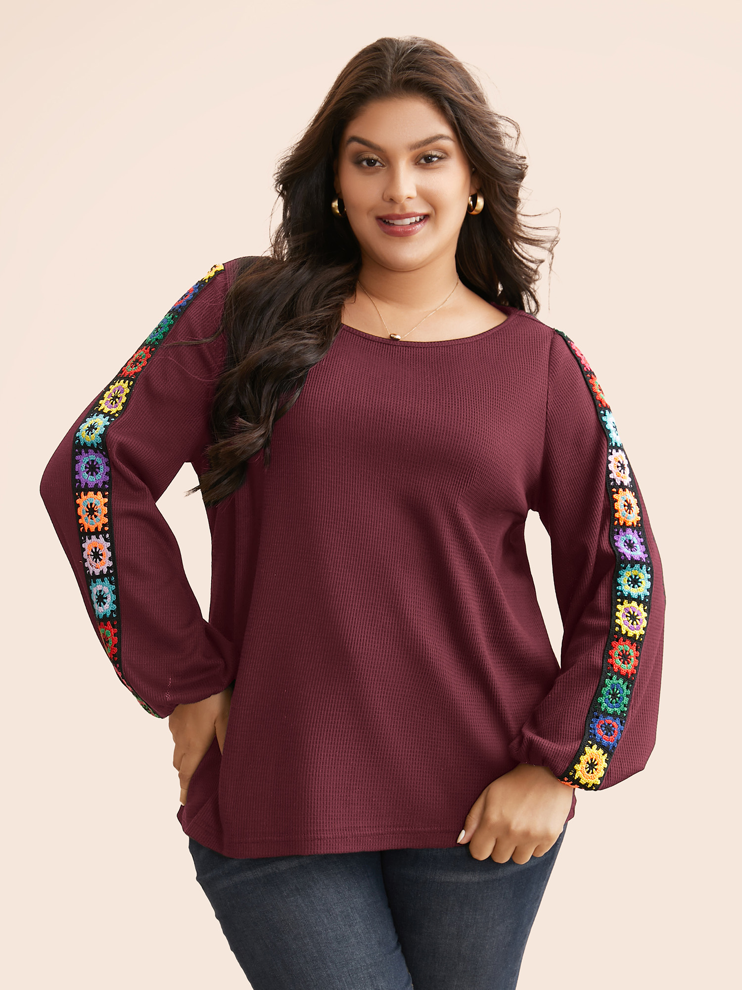 Plus Size Crew Neck Patchwork Crochet Floral T-shirt Burgundy Women Casual Woven ribbon&lace trim Non Everyday T-shirts BloomChic 12/L 