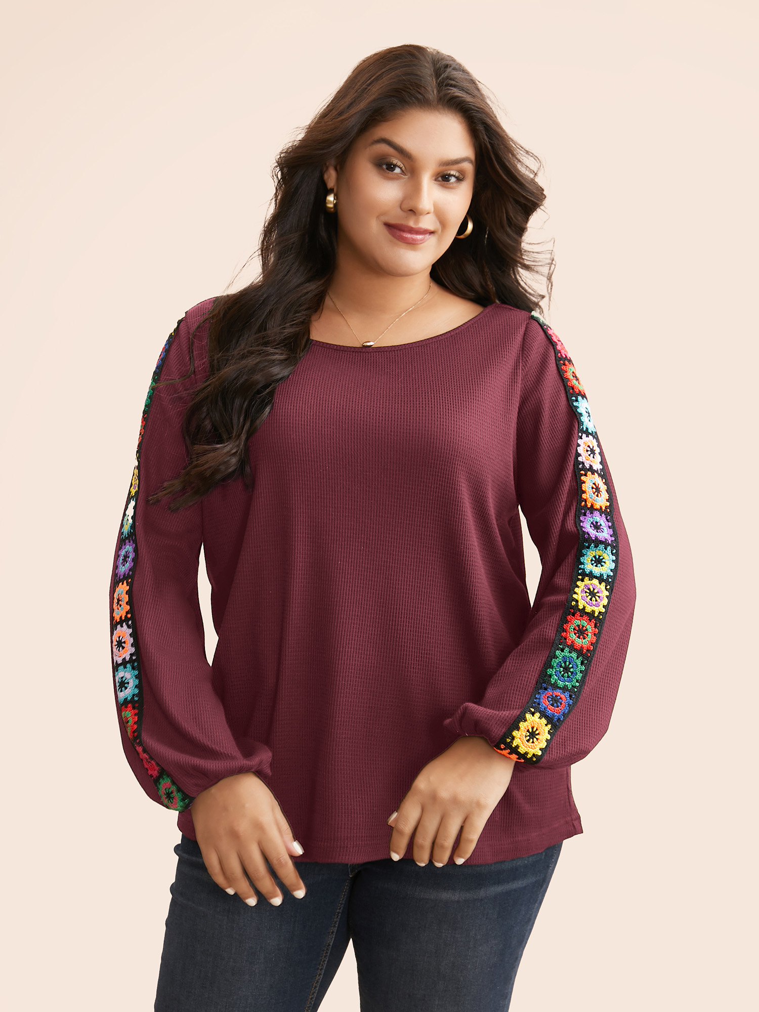 

Plus Size Crew Neck Patchwork Crochet Floral T-shirt Burgundy Women Casual Woven ribbon&lace trim Non Everyday T-shirts BloomChic