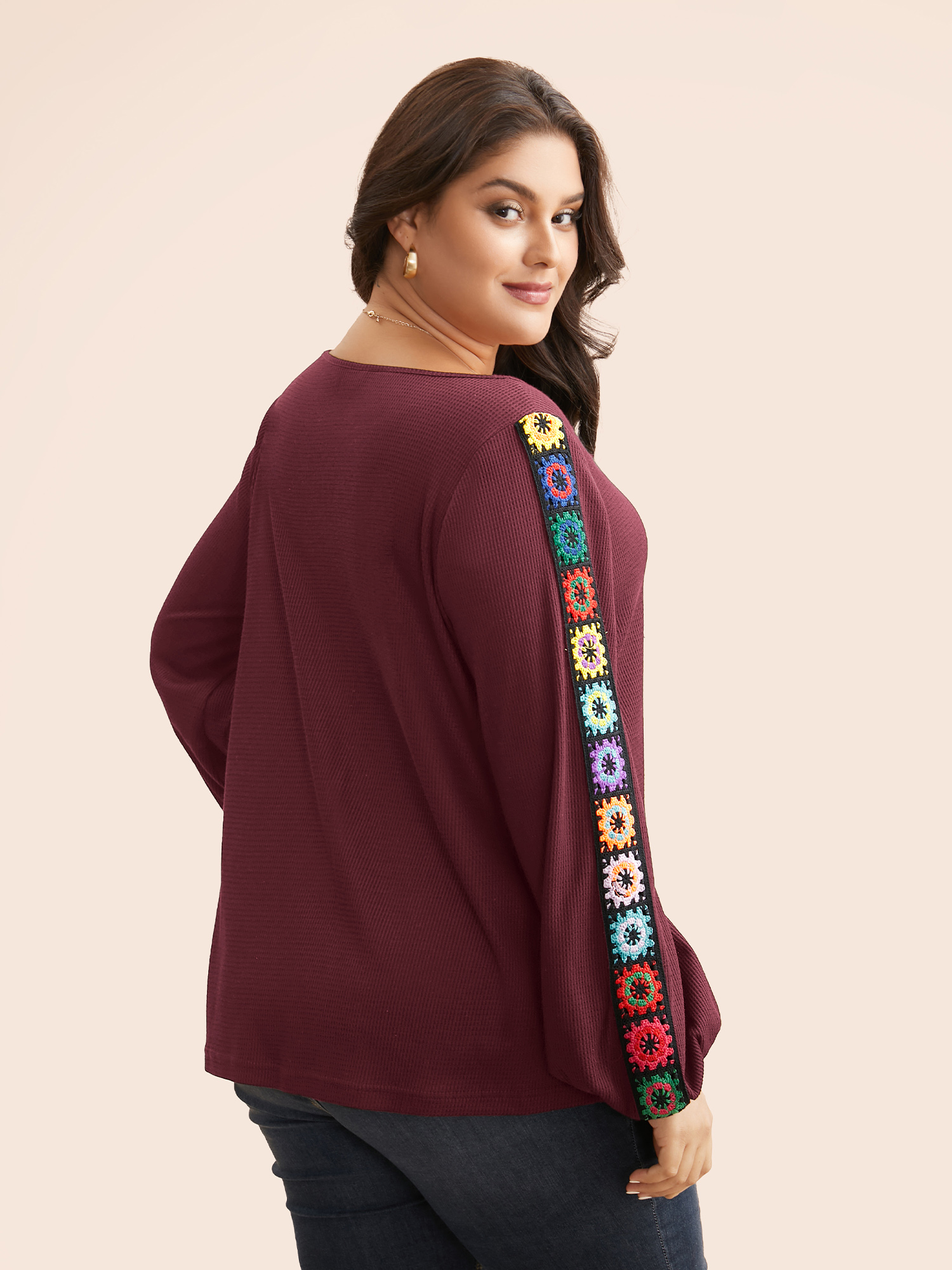 Plus Size Crew Neck Patchwork Crochet Floral T-shirt Burgundy Women Casual Woven ribbon&lace trim Non Everyday T-shirts BloomChic 12/L 
