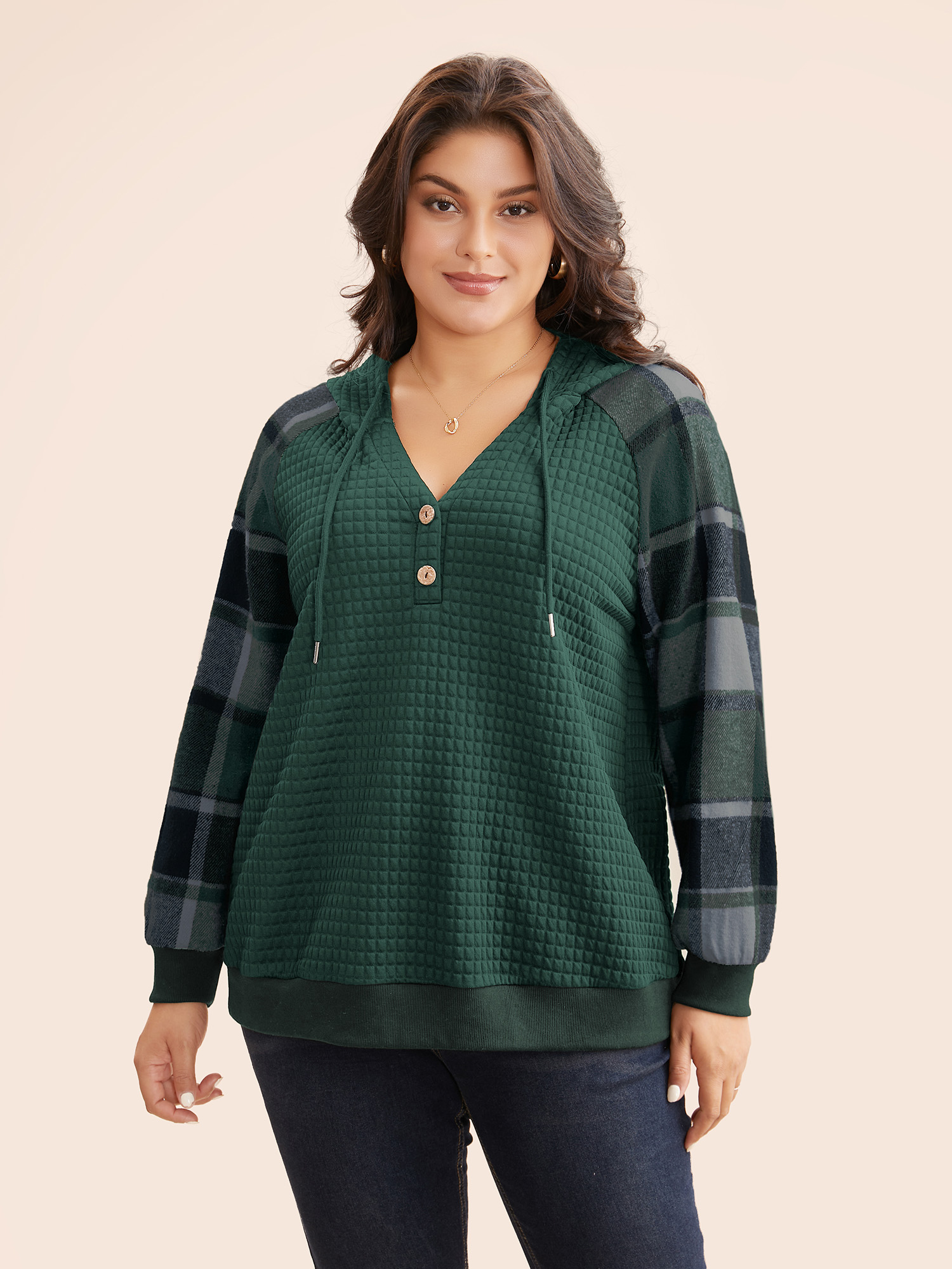 

Plus Size Plaid Patchwork Hooded Raglan Sleeve Sweatshirt Women DarkGreen Casual Texture Hooded Everyday Sweatshirts BloomChic