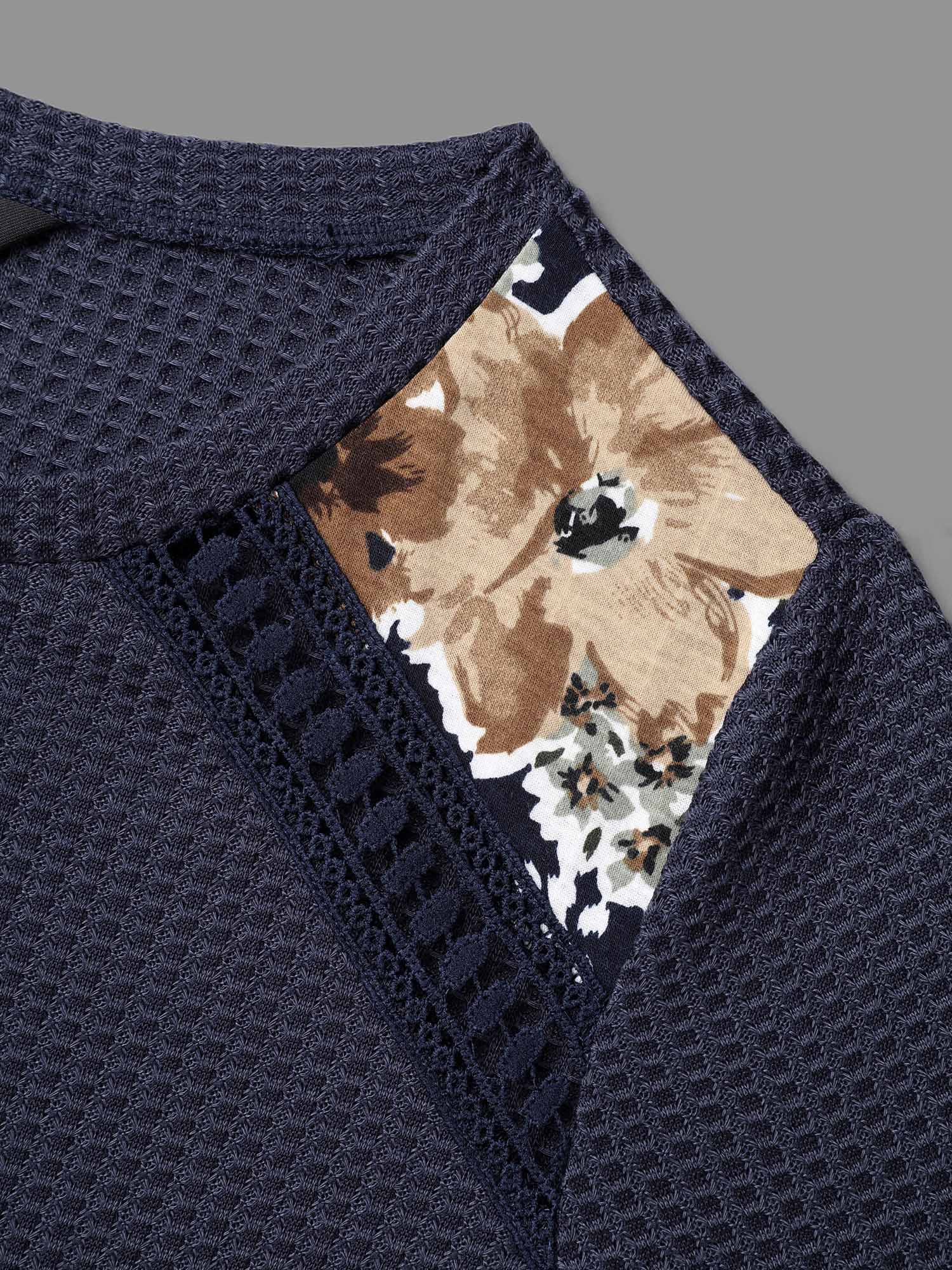 Plus Size Natural Flowers Patchwork Woven Ribbon T-shirt Indigo Women Casual Woven ribbon&lace trim Round Neck Everyday T-shirts BloomChic 12/L 