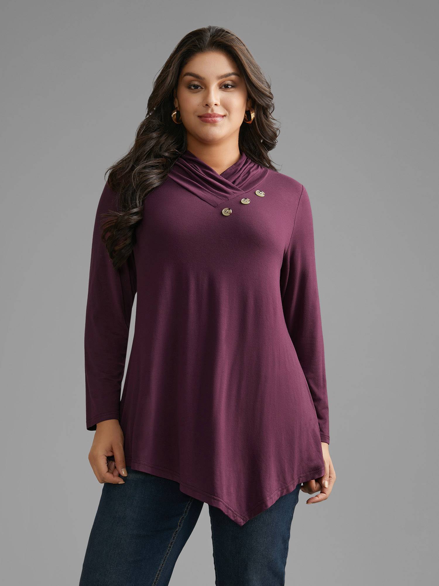 

Plus Size Solid Button Detail Asymmetrical Hem Jersey Top Plum Overlap Collar Long Sleeve Elegant Jersey Tops