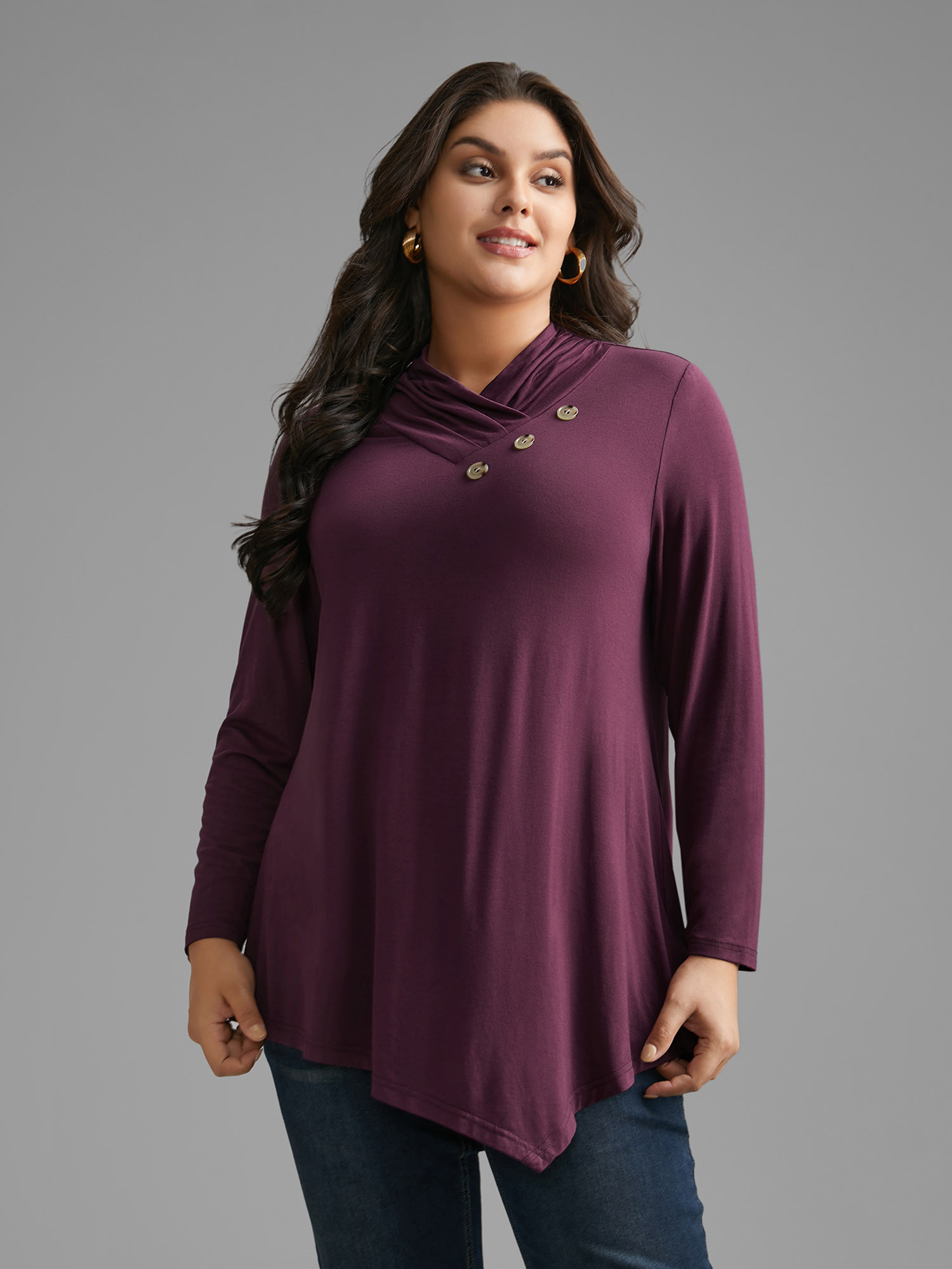 

Plus Size Solid Button Detail Asymmetrical Hem Jersey Top Plum Overlap Collar Long Sleeve Elegant Jersey Tops