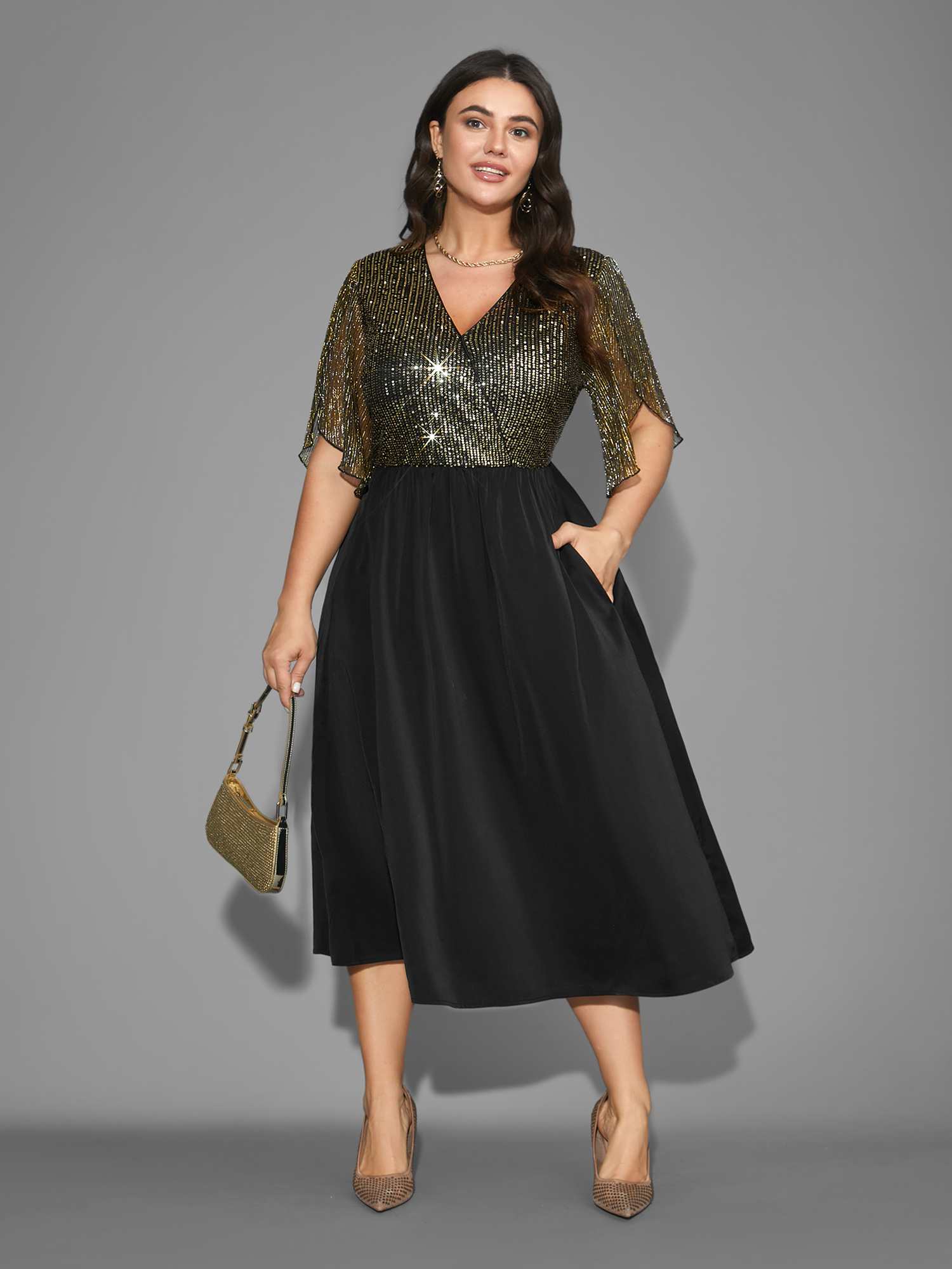 

Plus Size Sequin Mesh Petal Sleeve Midi Dress Black Women Cocktail Overlapping Party Curvy Bloomchic