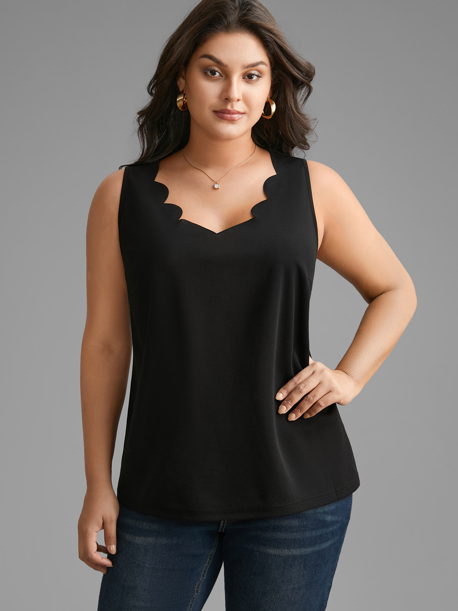 

Plus Size Solid V Neck Laser Cut Tank Top Women Black Elegant Non V-neck Everyday Tank Tops Camis BloomChic