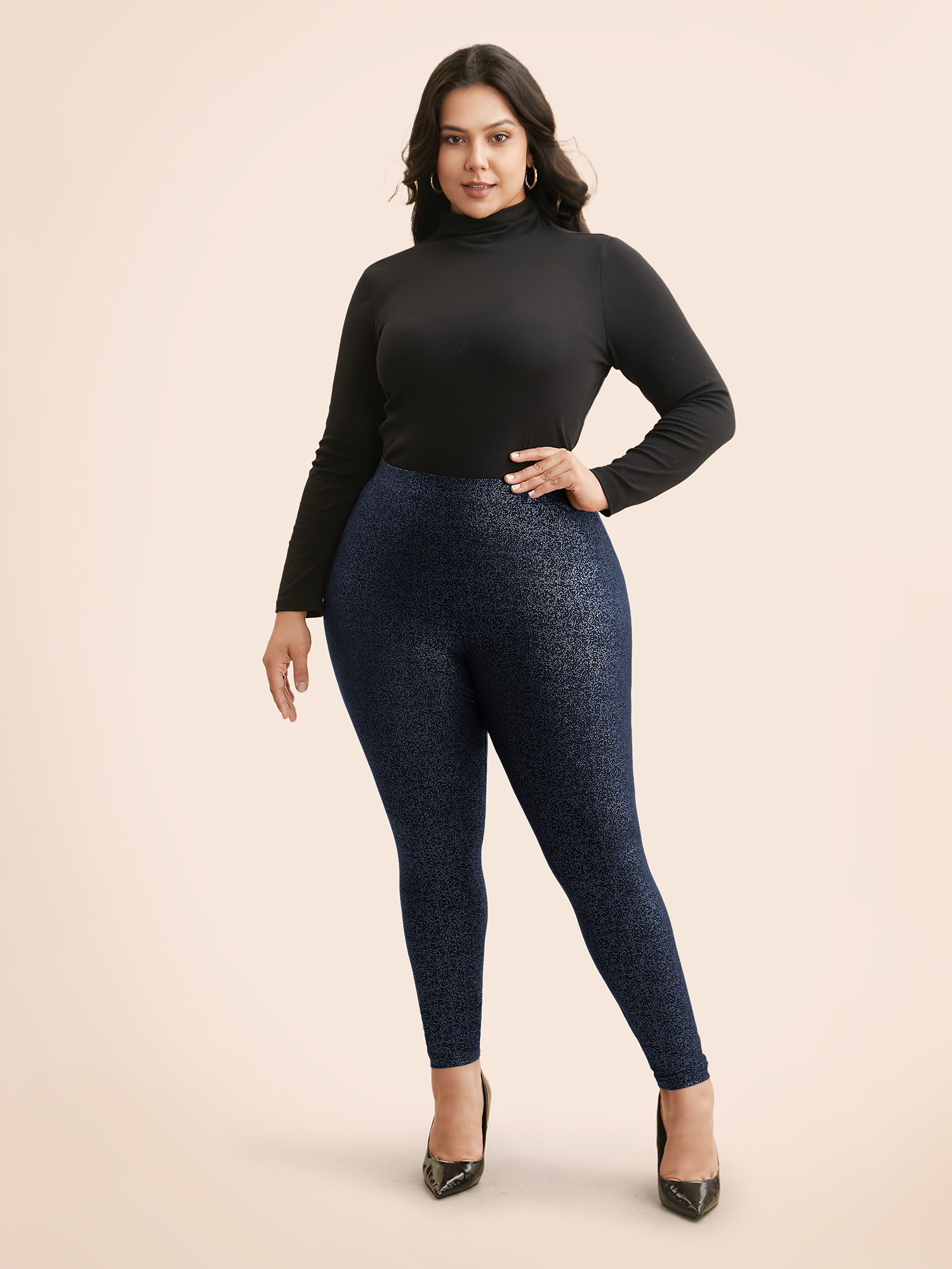 Plus Size Glitter Pleated Skinny Leggings Women Indigo Cocktail Medium stretch Skinny Mid Rise Party Leggings BloomChic 22-24/3X 