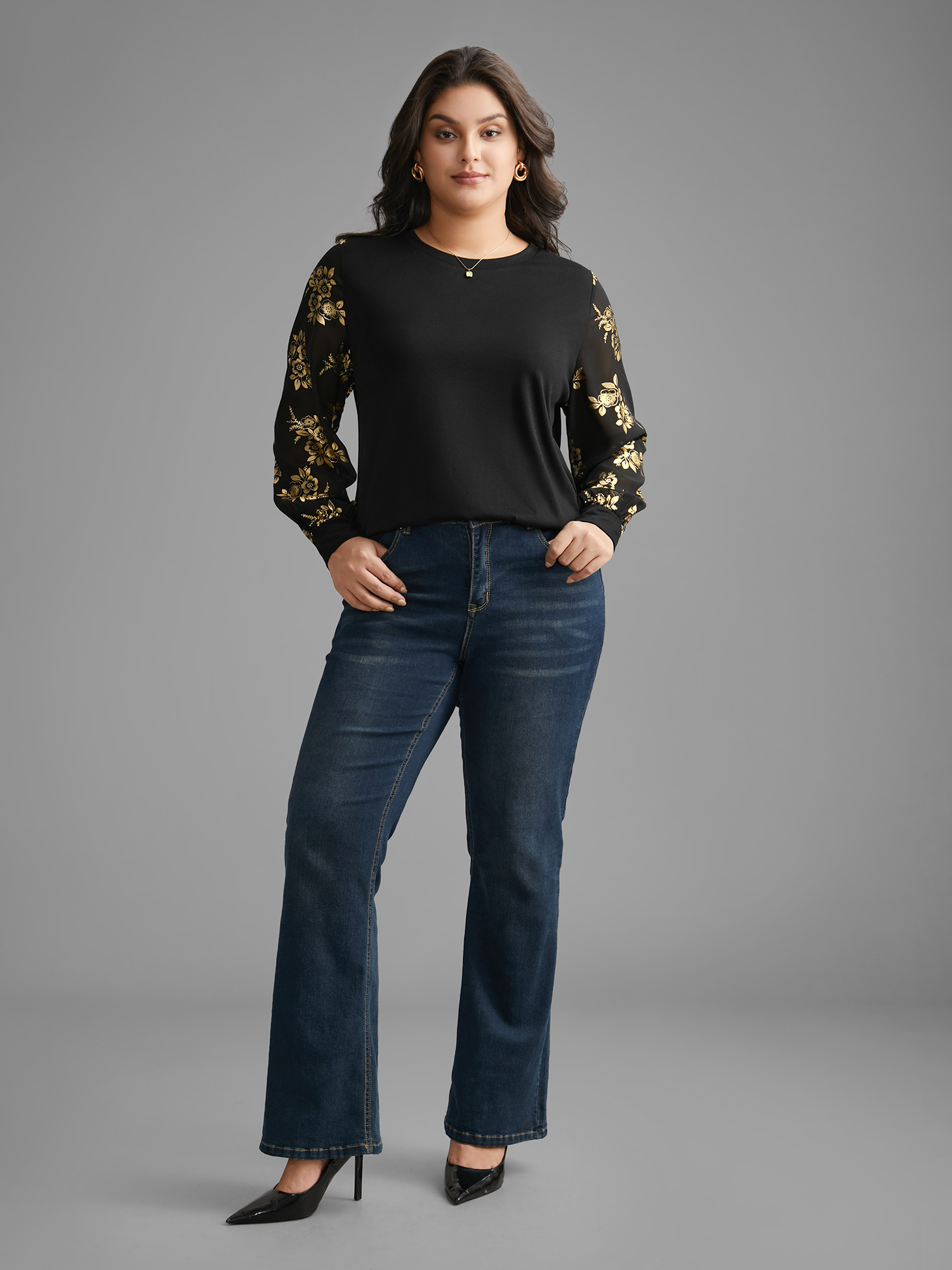 Plus Size Glitter Floral Patchwork Mesh T-shirt Black Women Elegant Contrast Natural Flowers Round Neck Everyday T-shirts BloomChic 26/4X 