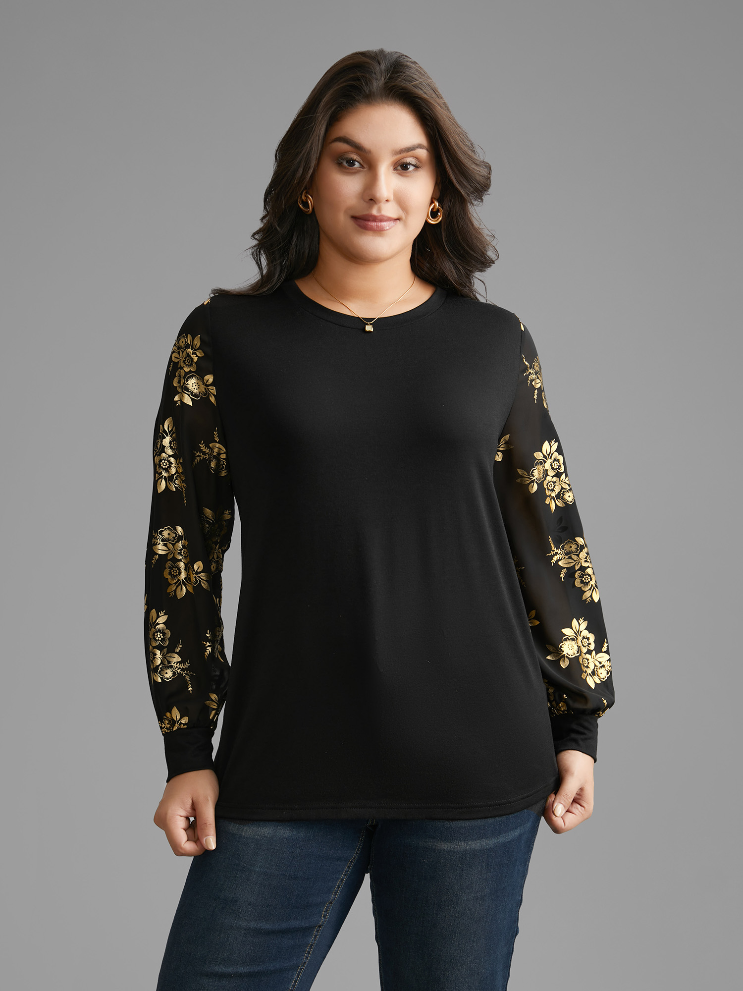 Plus Size Glitter Floral Patchwork Mesh T-shirt Black Women Elegant Contrast Natural Flowers Round Neck Everyday T-shirts BloomChic 26/4X 