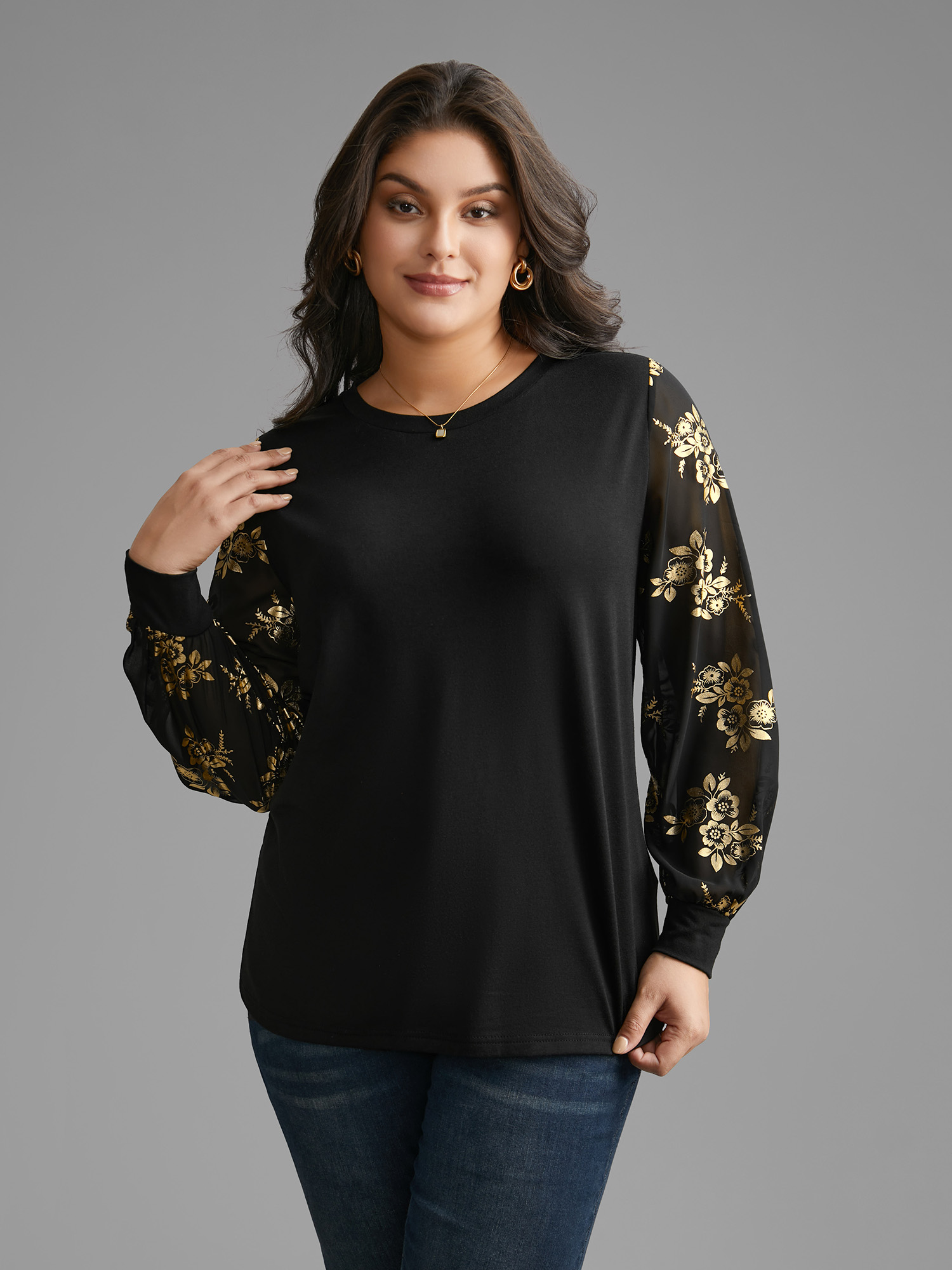 Plus Size Glitter Floral Patchwork Mesh T-shirt Black Women Elegant Contrast Natural Flowers Round Neck Everyday T-shirts BloomChic 26/4X 