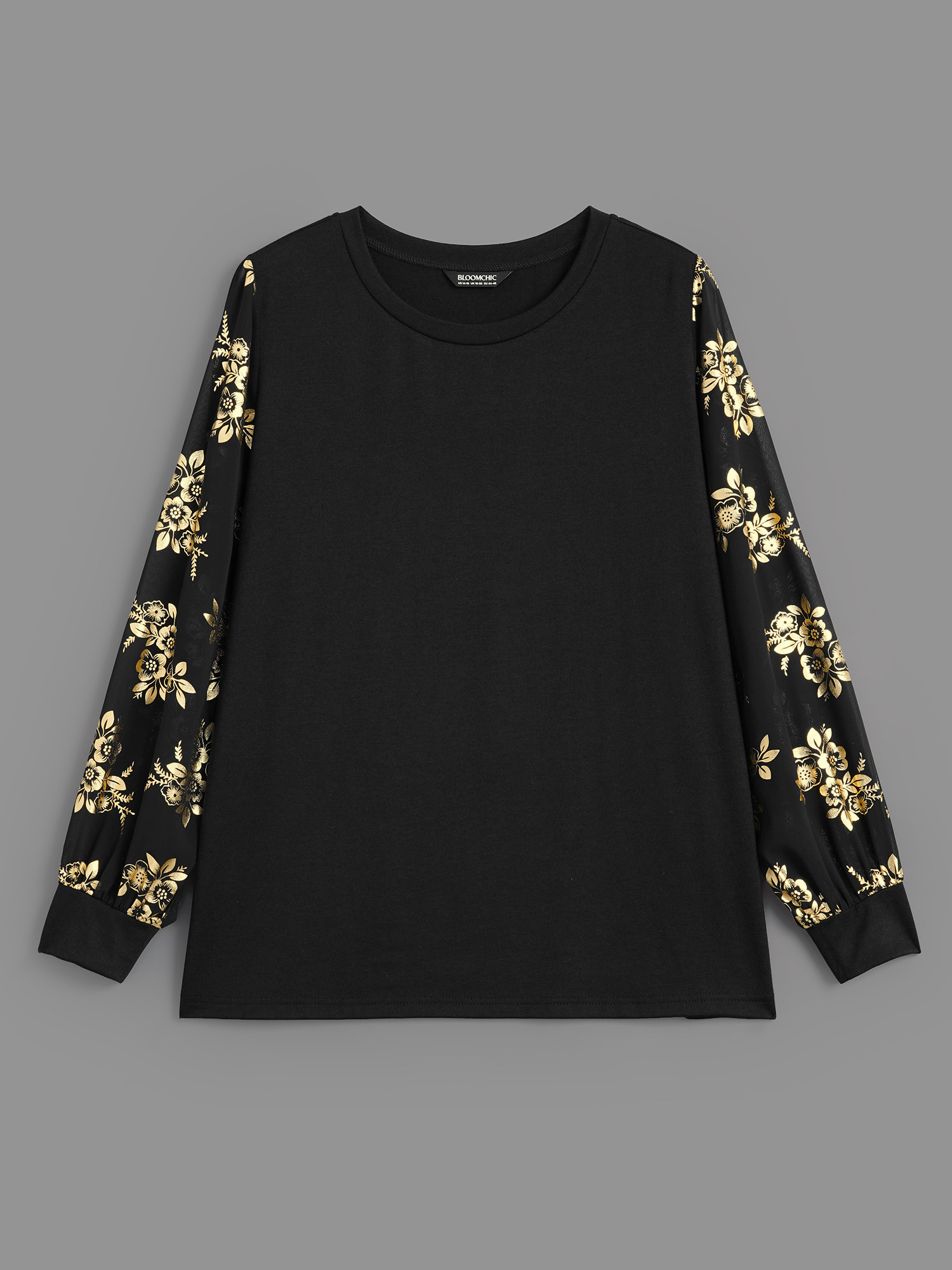 Plus Size Glitter Floral Patchwork Mesh T-shirt Black Women Elegant Contrast Natural Flowers Round Neck Everyday T-shirts BloomChic 26/4X 