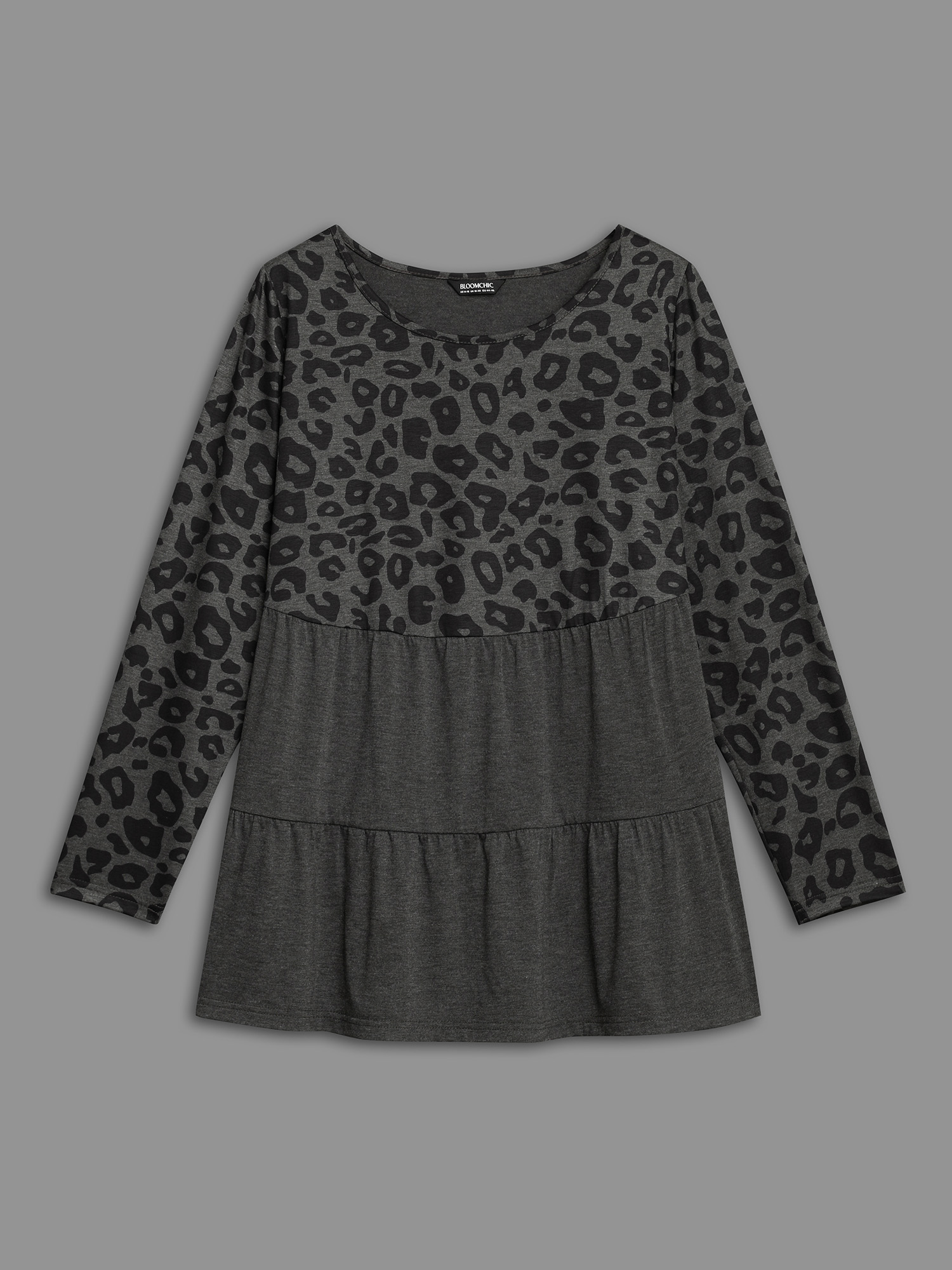 

Plus Size Leopard Print Ruffle Layered Hem Jersey Top DimGray Round Neck Extra Long Sleeve Casual Jersey Tops