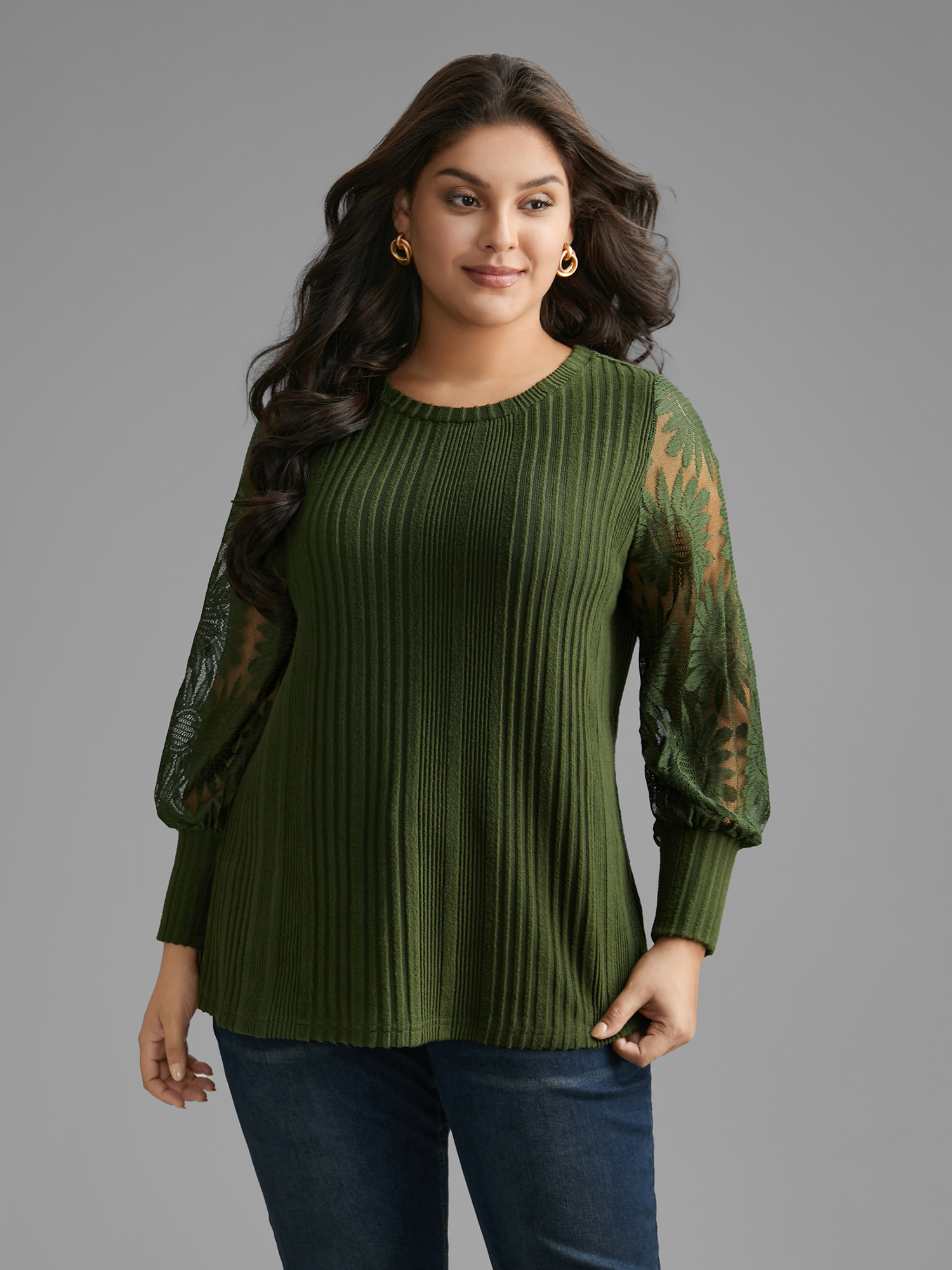 

Plus Size Texture Lace Patchwork Mesh T-shirt DarkGreen Women Elegant Texture Round Neck Everyday T-shirts BloomChic