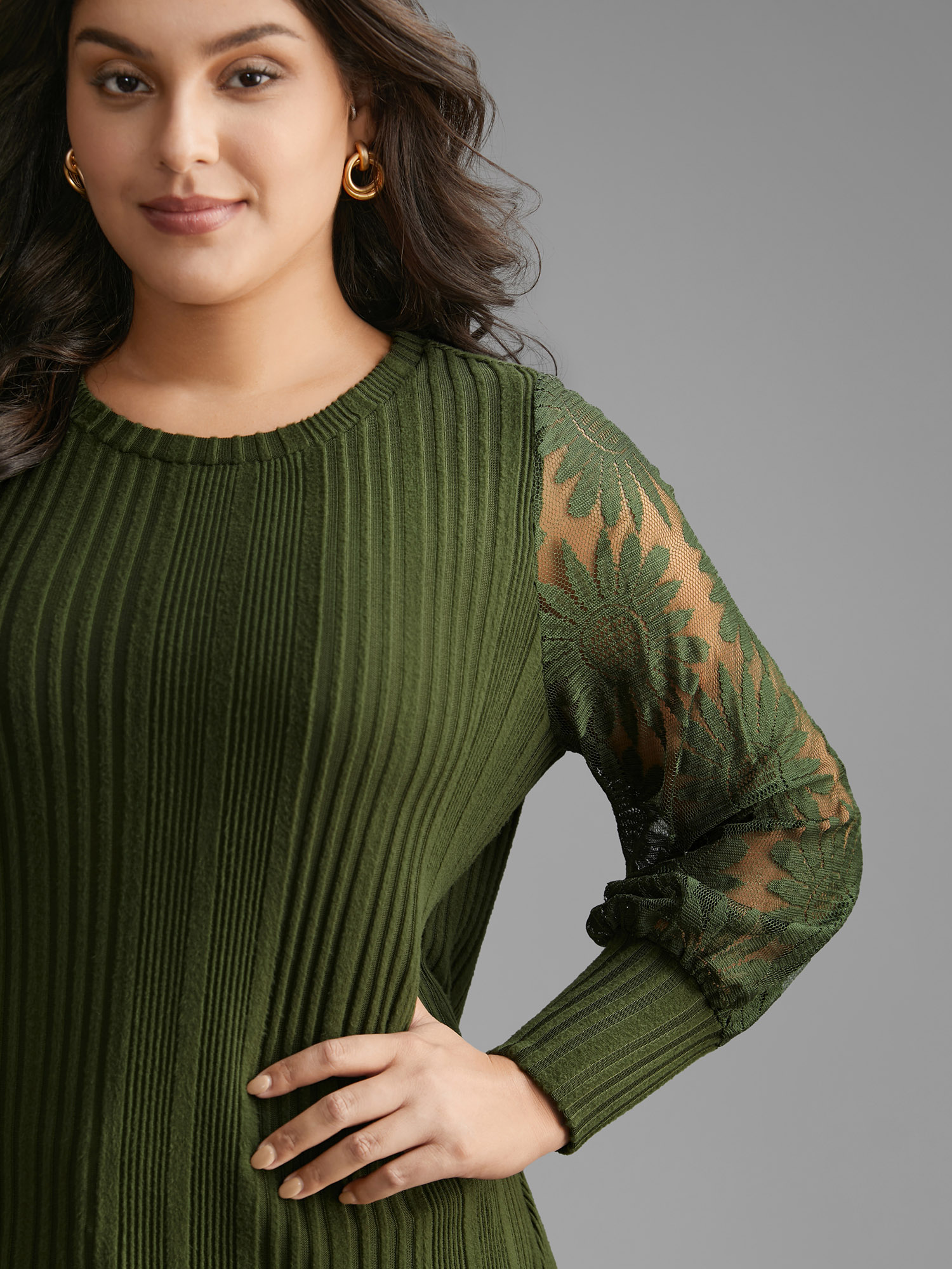 Plus Size Texture Lace Patchwork Mesh T-shirt DarkGreen Women Elegant Texture Round Neck Everyday T-shirts BloomChic 30/6X 