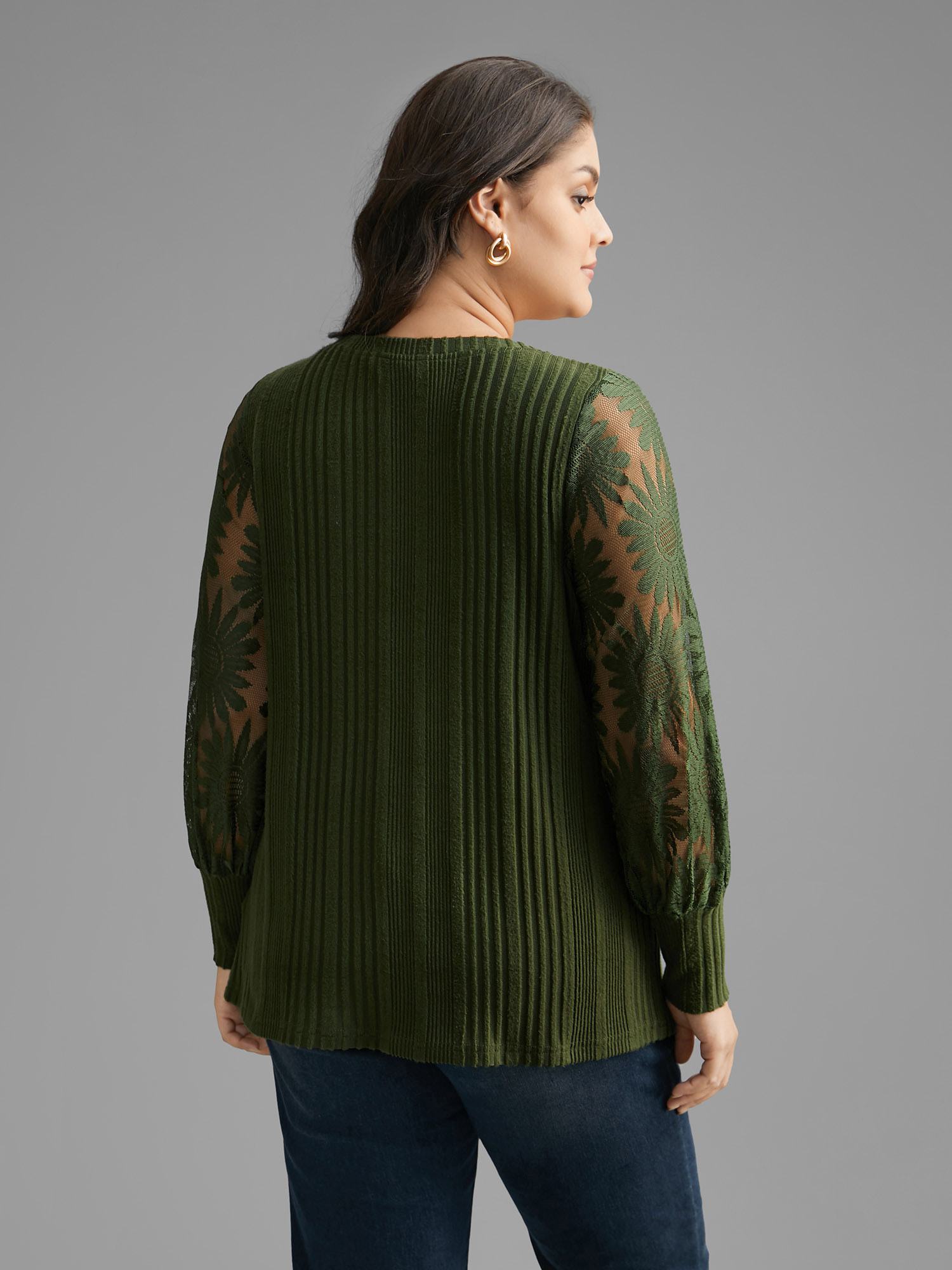 Plus Size Texture Lace Patchwork Mesh T-shirt DarkGreen Women Elegant Texture Round Neck Everyday T-shirts BloomChic 30/6X 