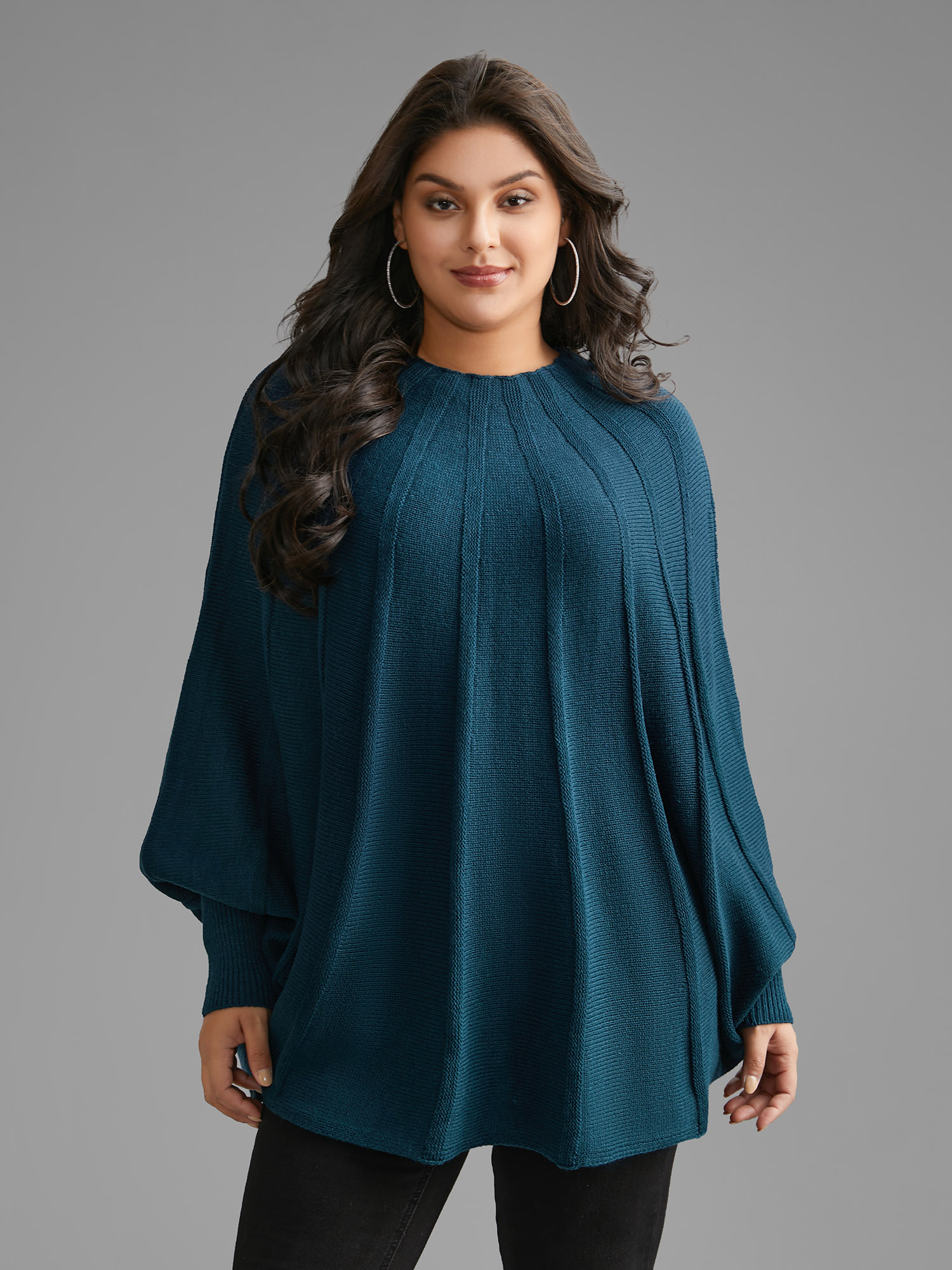 

Plus Size Plain Textured Batwing Sleeve Pullover Cyan Women Casual Loose Long Sleeve Round Neck Everyday Pullovers BloomChic