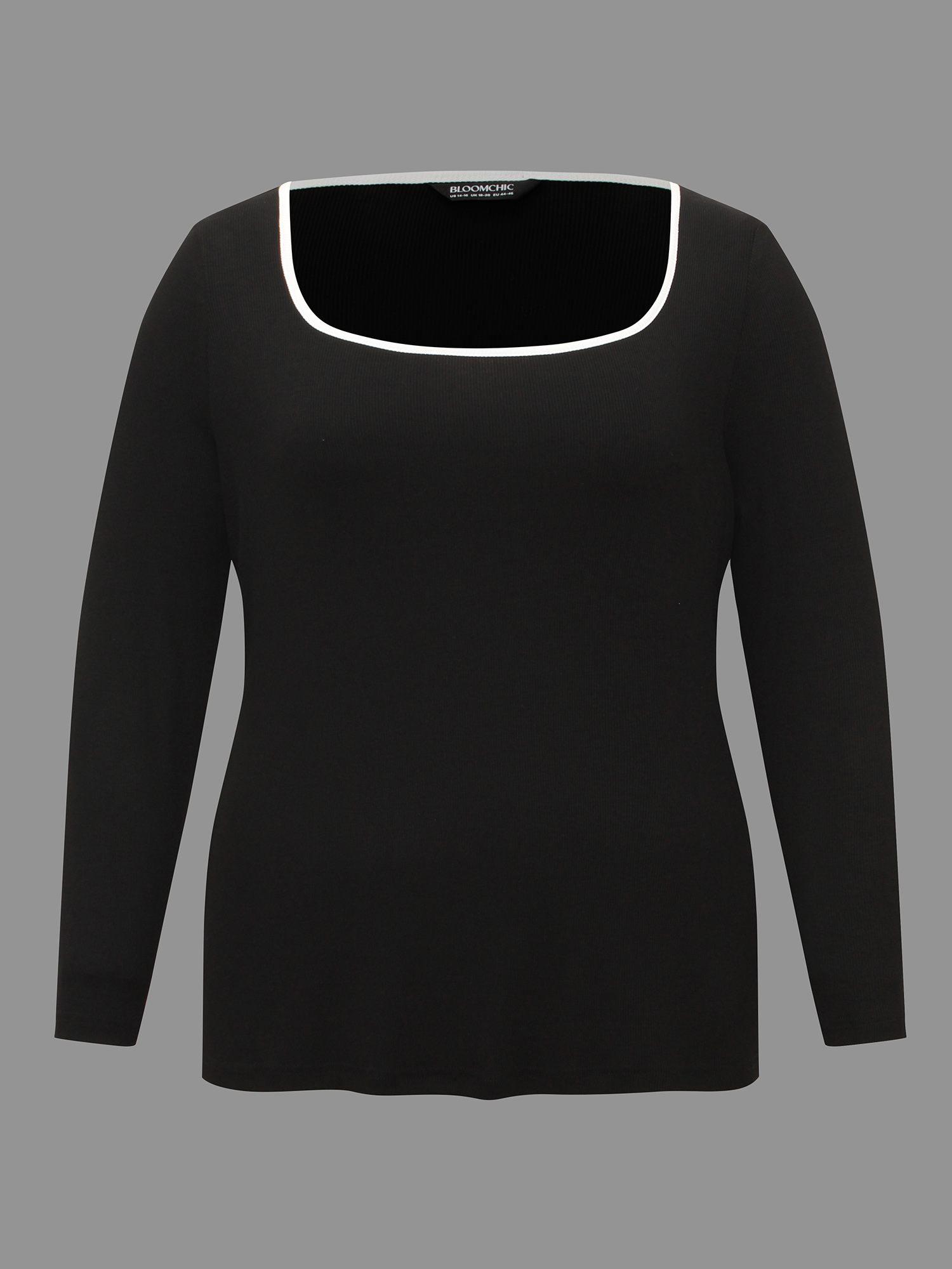 Plus Size Square Neck Contrast Trim T-shirt Black Women Casual Texture Square Neck Bodycon Everyday T-shirts BloomChic 22-24/3X 