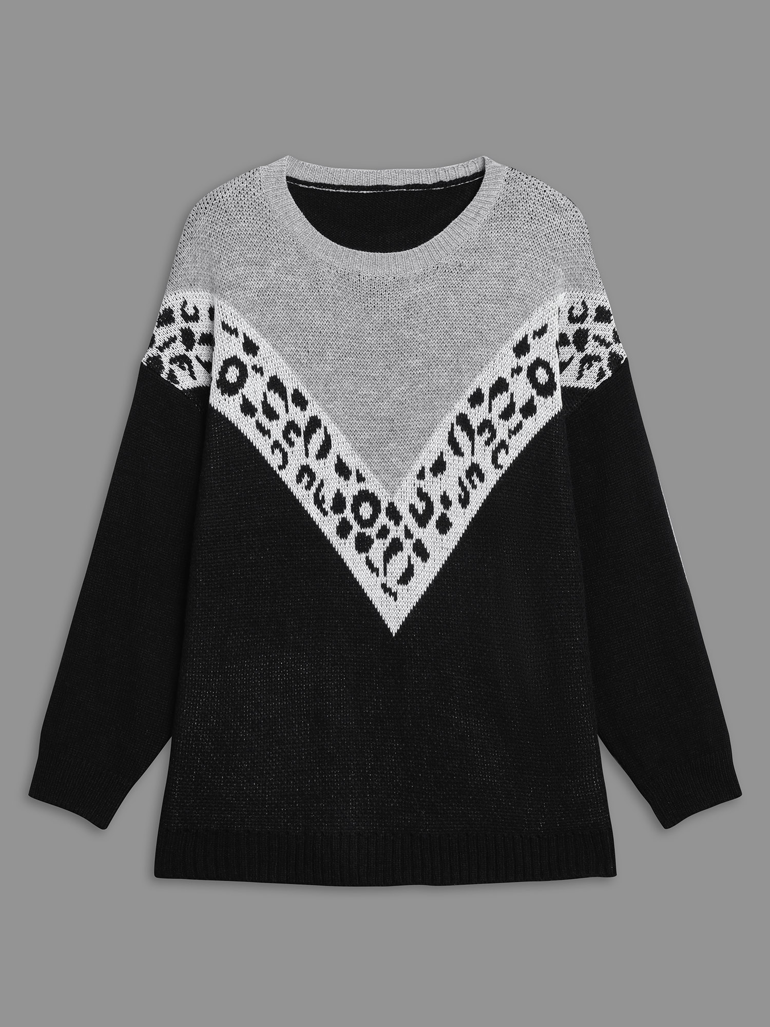 

Plus Size Leopard Print Contrast Patchwork Pullover Black Women Casual Loose Long Sleeve Round Neck Everyday Pullovers BloomChic