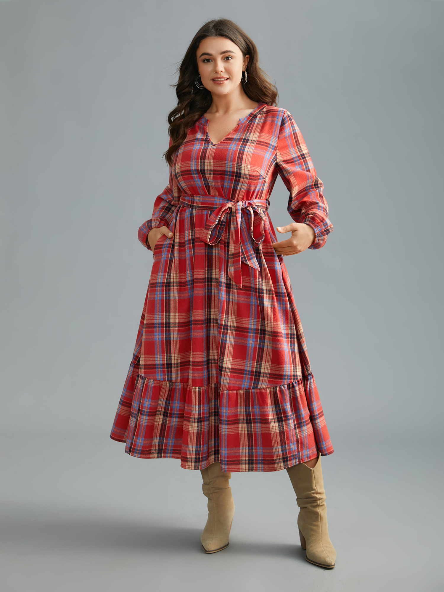 

Plus Size Festive Notched Collar Plaid Dress Raspberry Women Elegant Belted Flat collar with V-notch Long Sleeve Curvy BloomChic