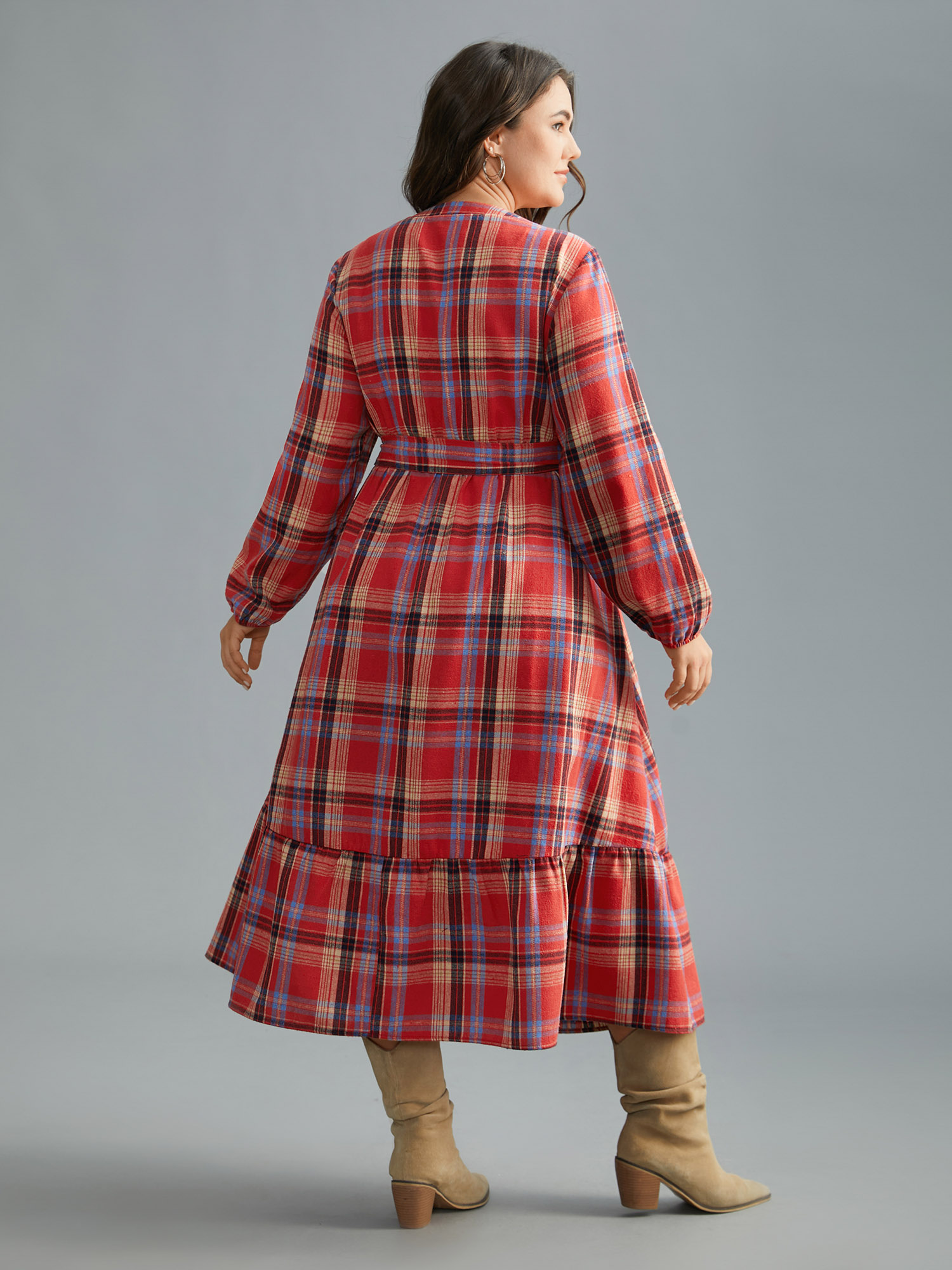 

Plus Size Festive Notched Collar Plaid Dress Raspberry Women Elegant Belted Flat collar with V-notch Long Sleeve Curvy BloomChic