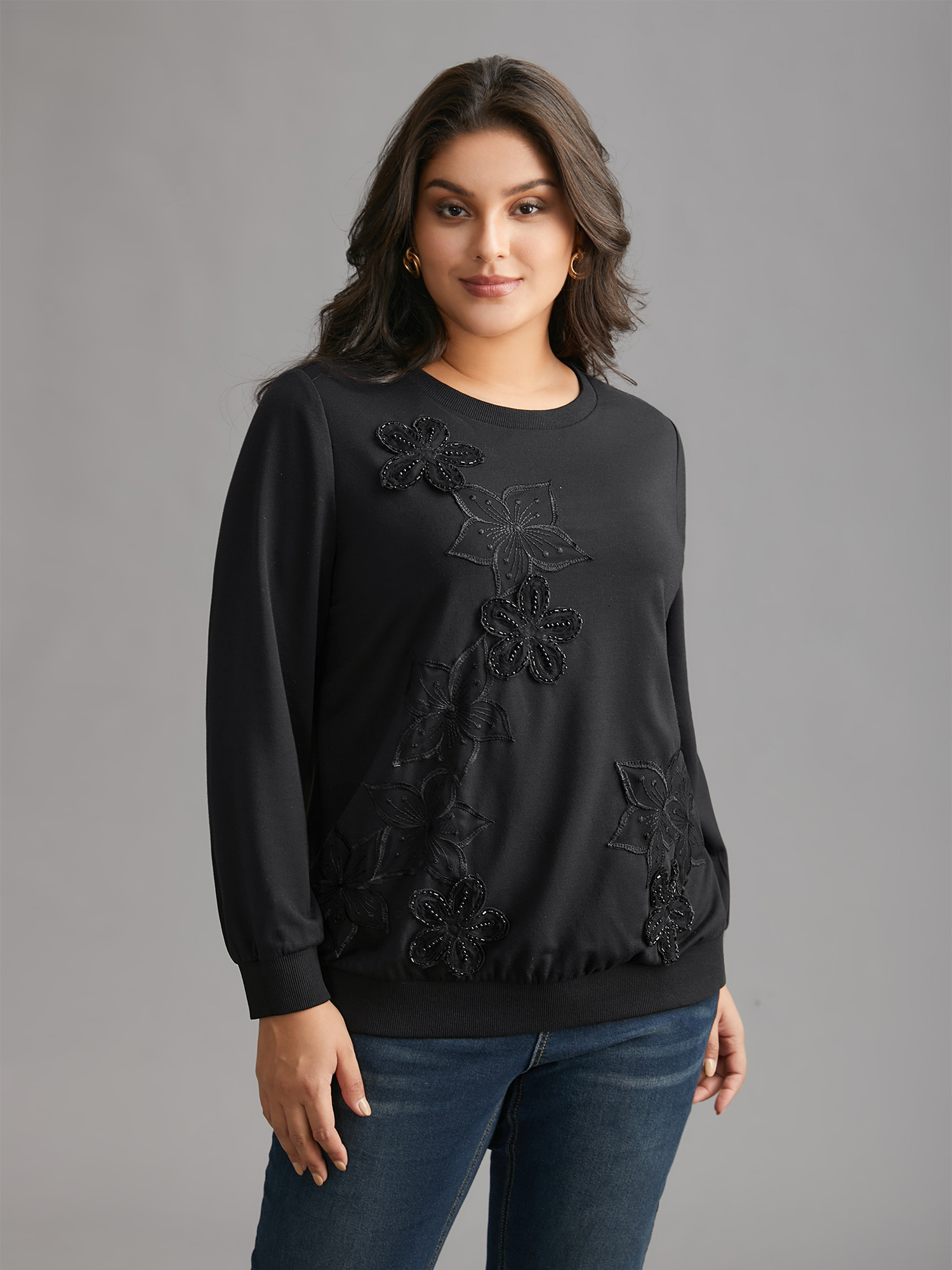 

Plus Size Crew Neck Floral Embroidered Sweatshirt Women Black Elegant Patchwork Round Neck Everyday Sweatshirts BloomChic