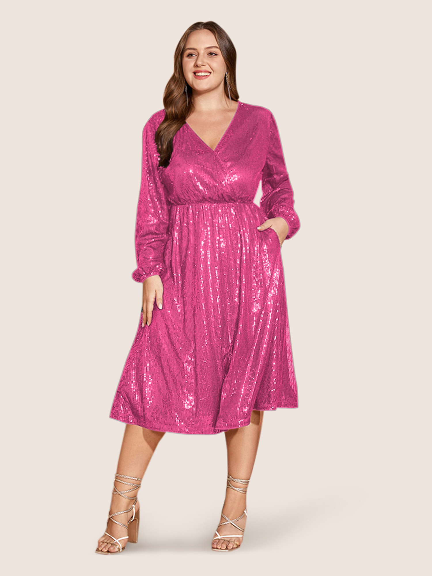 

Plus Size Solid Pocket Lantern Sleeve Wrap Sequin Dress Peach Women Party Pocket Overlap Collar Long Sleeve Curvy Midi Dress BloomChic