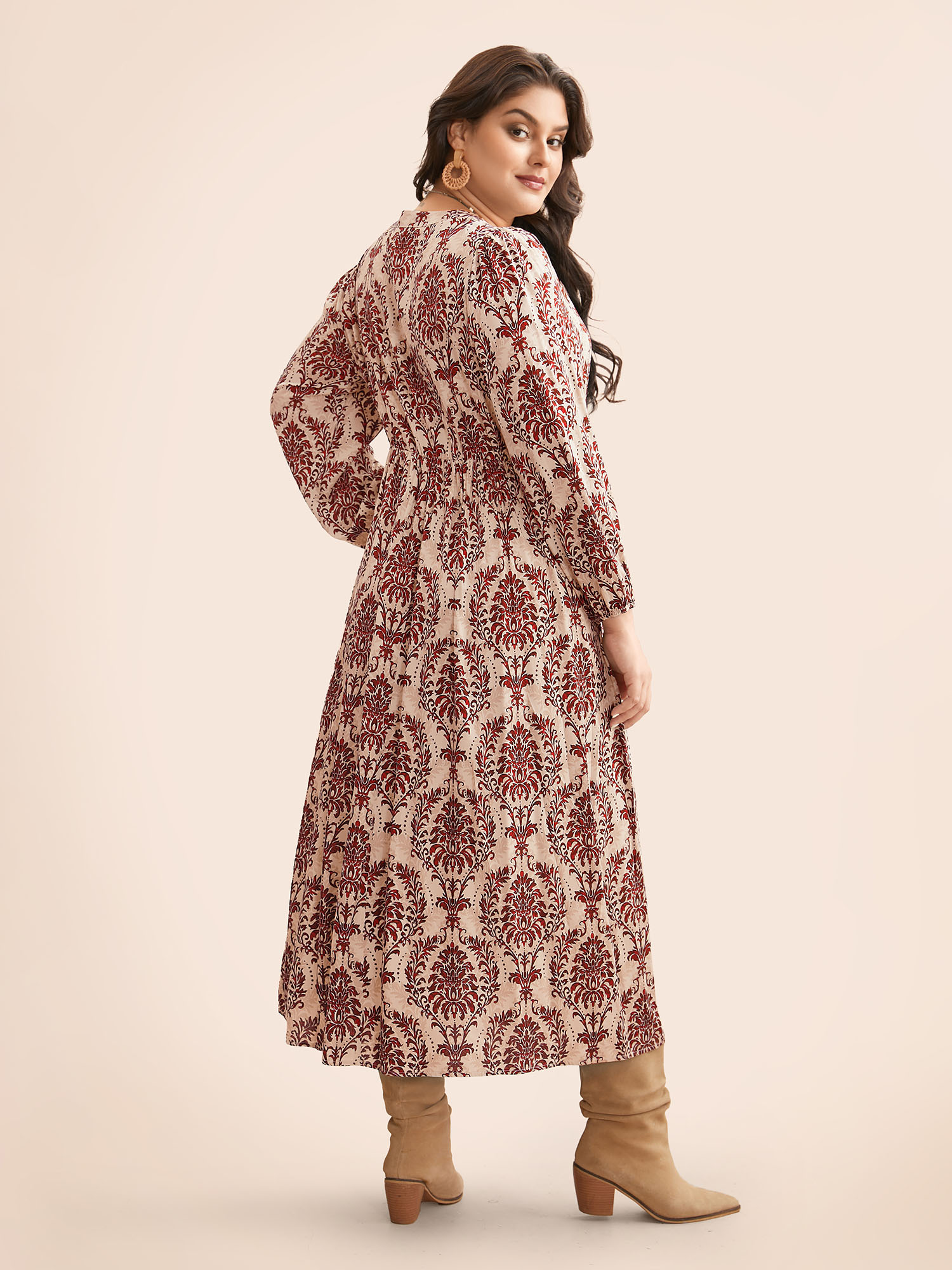 

Plus Size Boho Print Notched Tie Knot Maxi Dress Rust Women Resort Tie knot Flat collar with V-notch Long Sleeve Curvy BloomChic